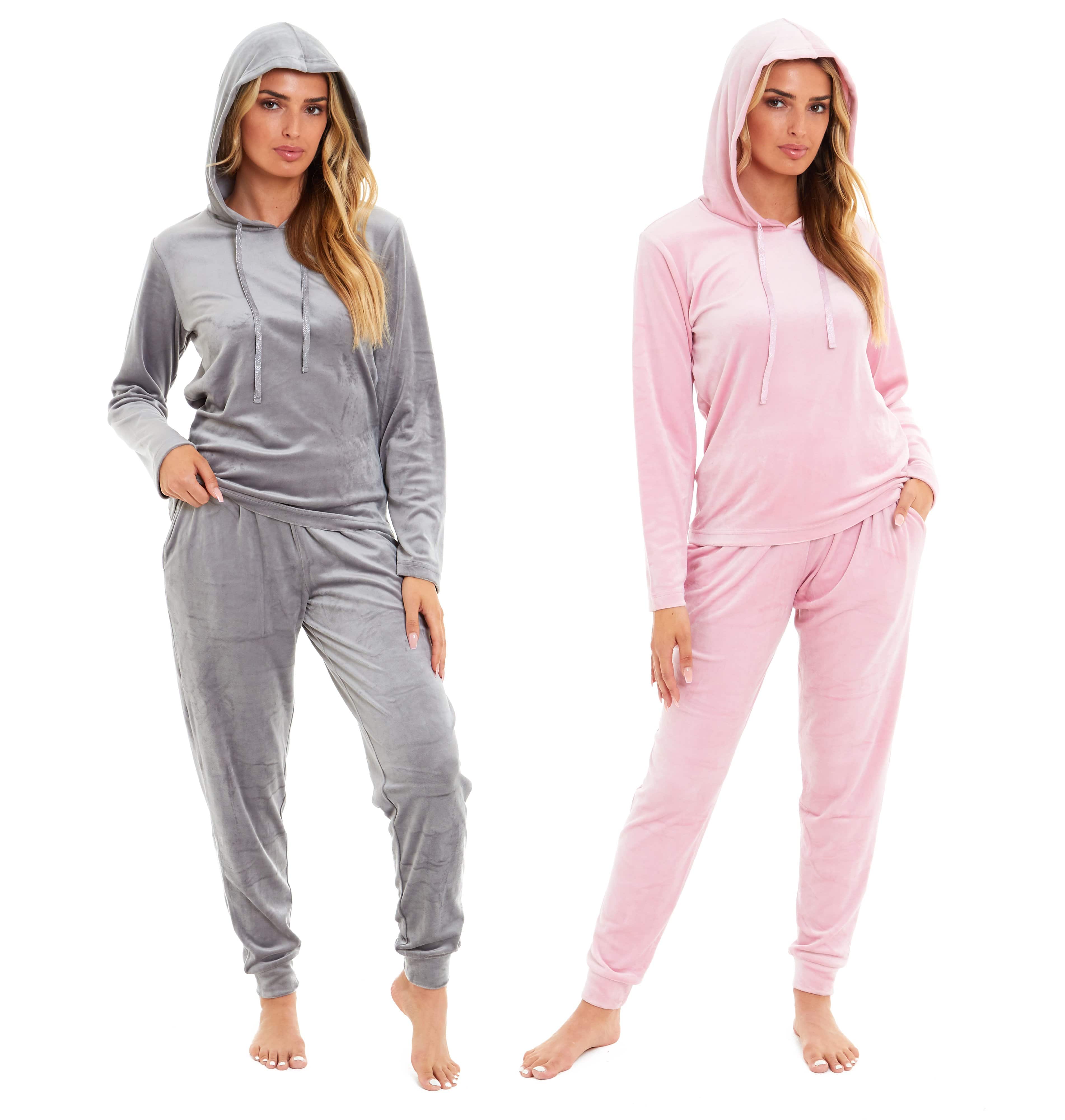 Women's Soft Touch Velour Hooded Pyjama Set Warm Stretchable Nightwear Perfect for Lounging Sleeping Sizes 8-22