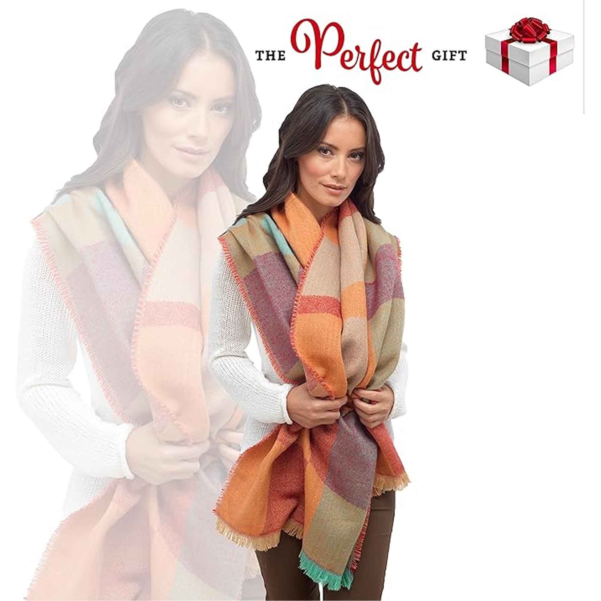 Women's Soft Woven Winter Scarves Lightweight Cozy Acrylic Wraps in Vibrant Orange Yellow Multi and Purple Red Multi