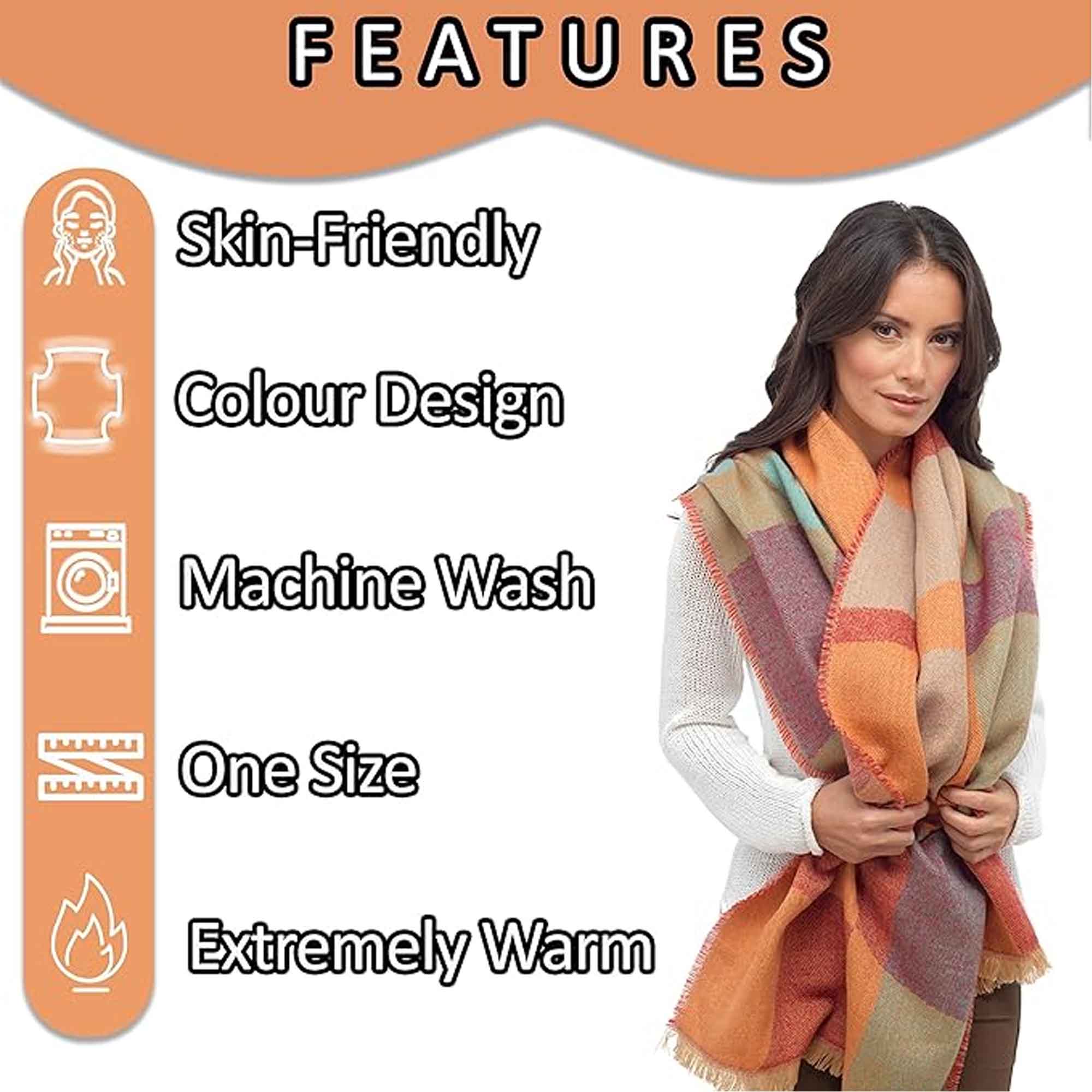 Women's Soft Woven Winter Scarves Lightweight Cozy Acrylic Wraps in Vibrant Orange Yellow Multi and Purple Red Multi