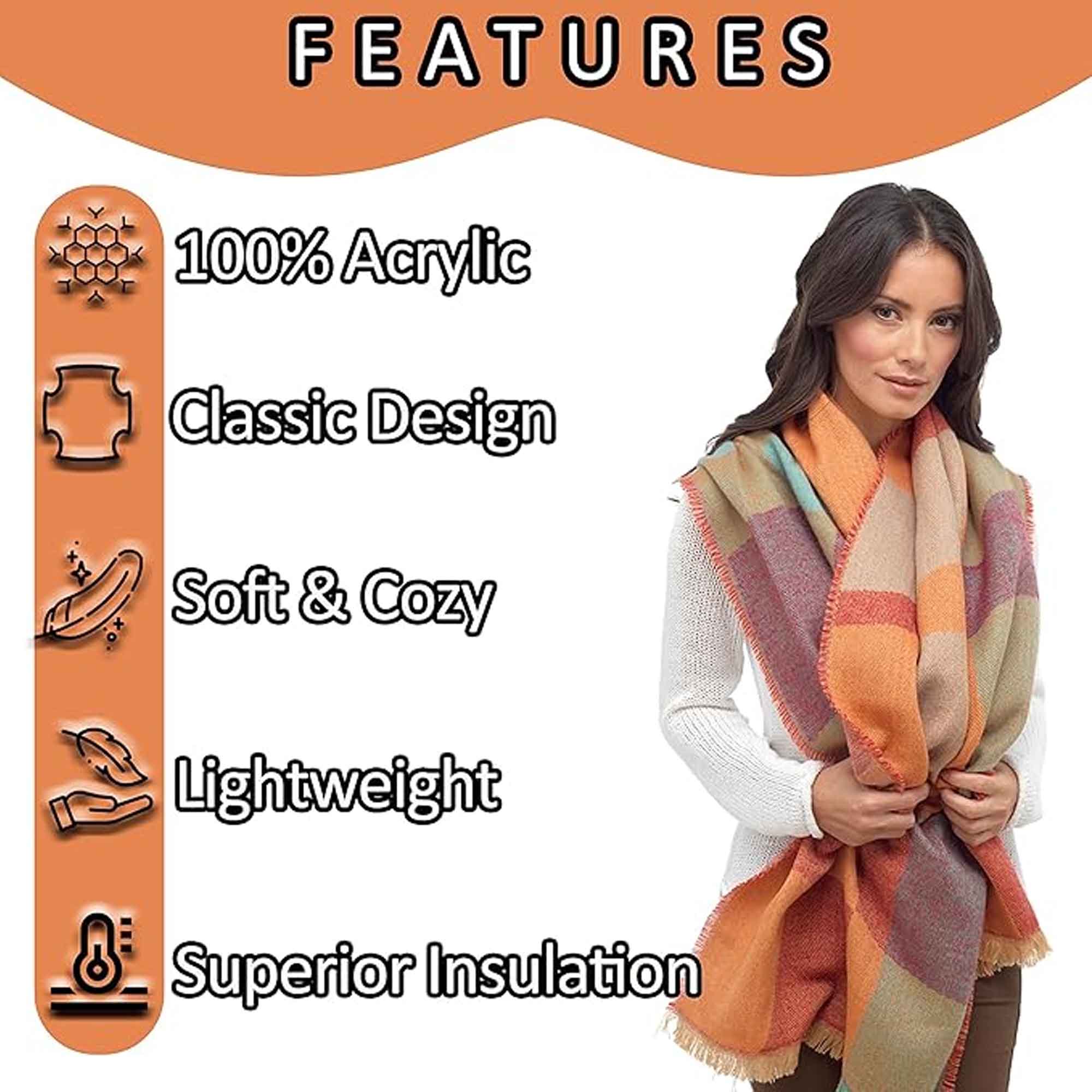 Women's Soft Woven Winter Scarves Lightweight Cozy Acrylic Wraps in Vibrant Orange Yellow Multi and Purple Red Multi