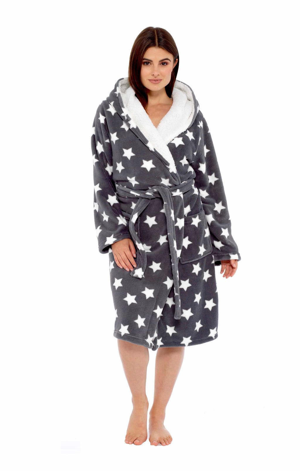 Women's Star Grey Hooded Plush Fleece Robe with Ultra Soft Sherpa Fur Lining and Stylish Star Pattern