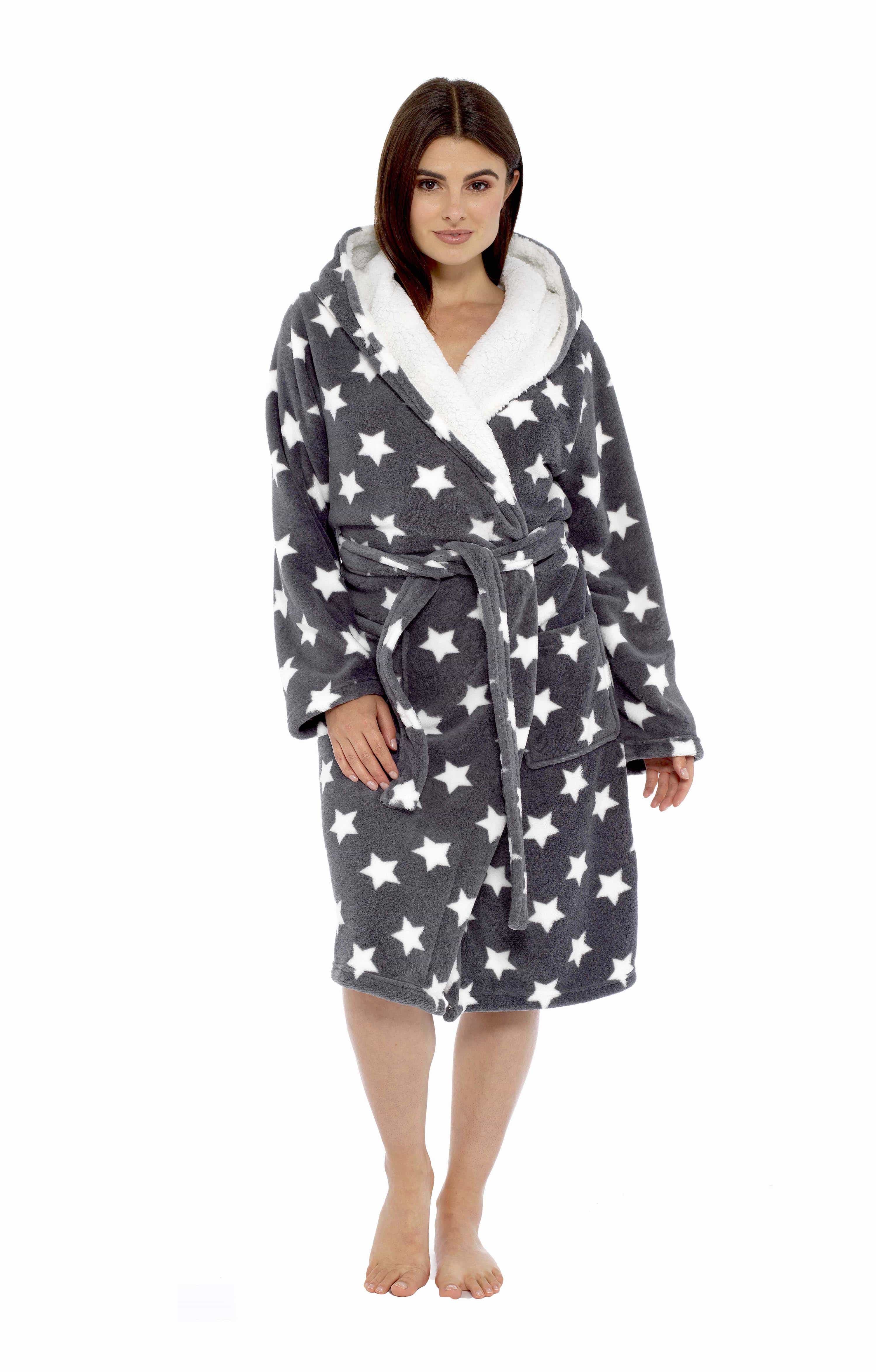 Women's Star Grey Hooded Plush Fleece Robe with Ultra Soft Sherpa Fur Lining and Stylish Star Pattern