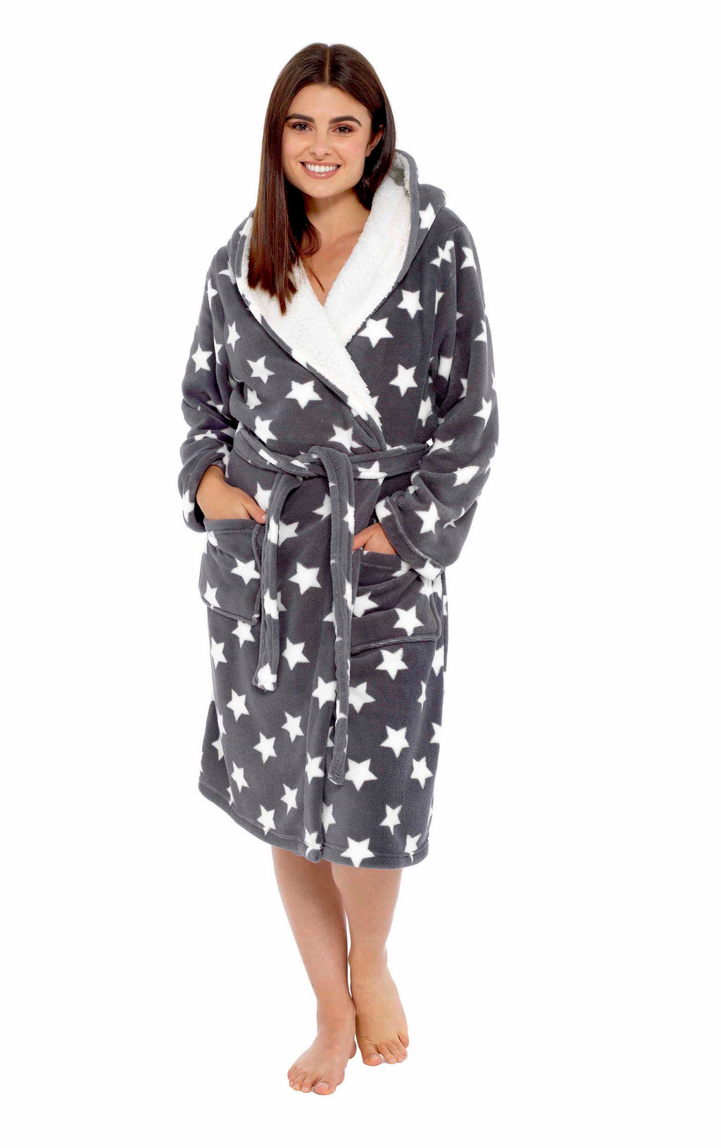 Women's Star Grey Hooded Plush Fleece Robe with Ultra Soft Sherpa Fur Lining and Stylish Star Pattern