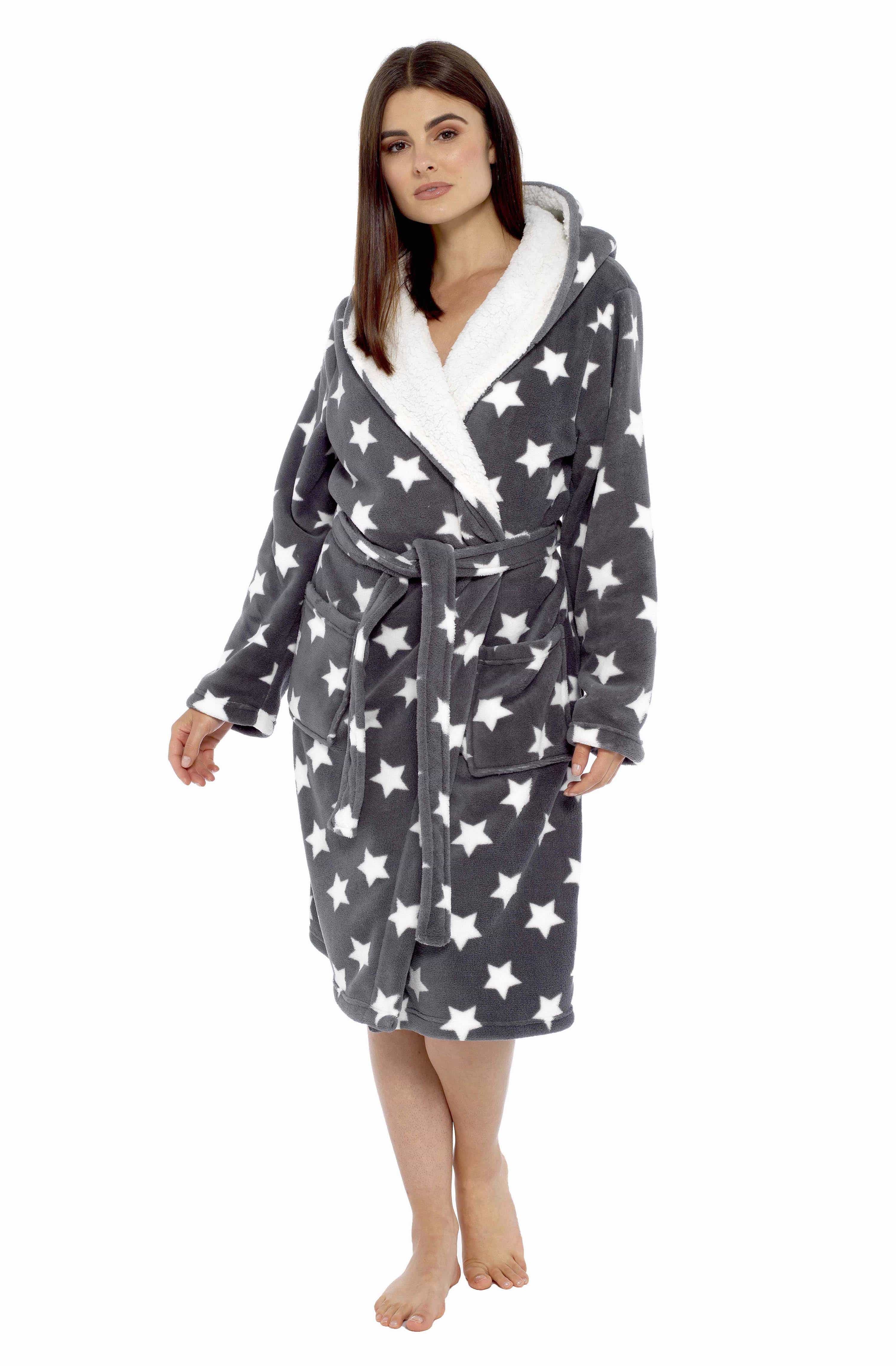 Women's Star Grey Hooded Plush Fleece Robe with Ultra Soft Sherpa Fur Lining and Stylish Star Pattern