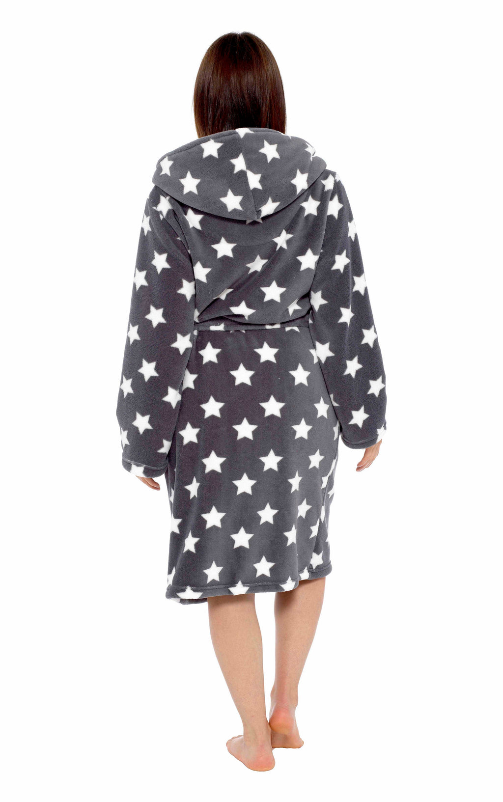 Women's Star Grey Hooded Plush Fleece Robe with Ultra Soft Sherpa Fur Lining and Stylish Star Pattern