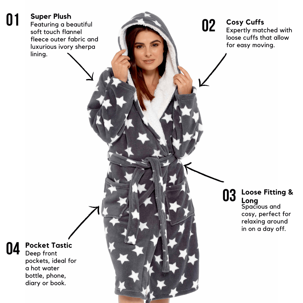 Women's Star Grey Hooded Plush Fleece Robe with Ultra Soft Sherpa Fur Lining and Stylish Star Pattern