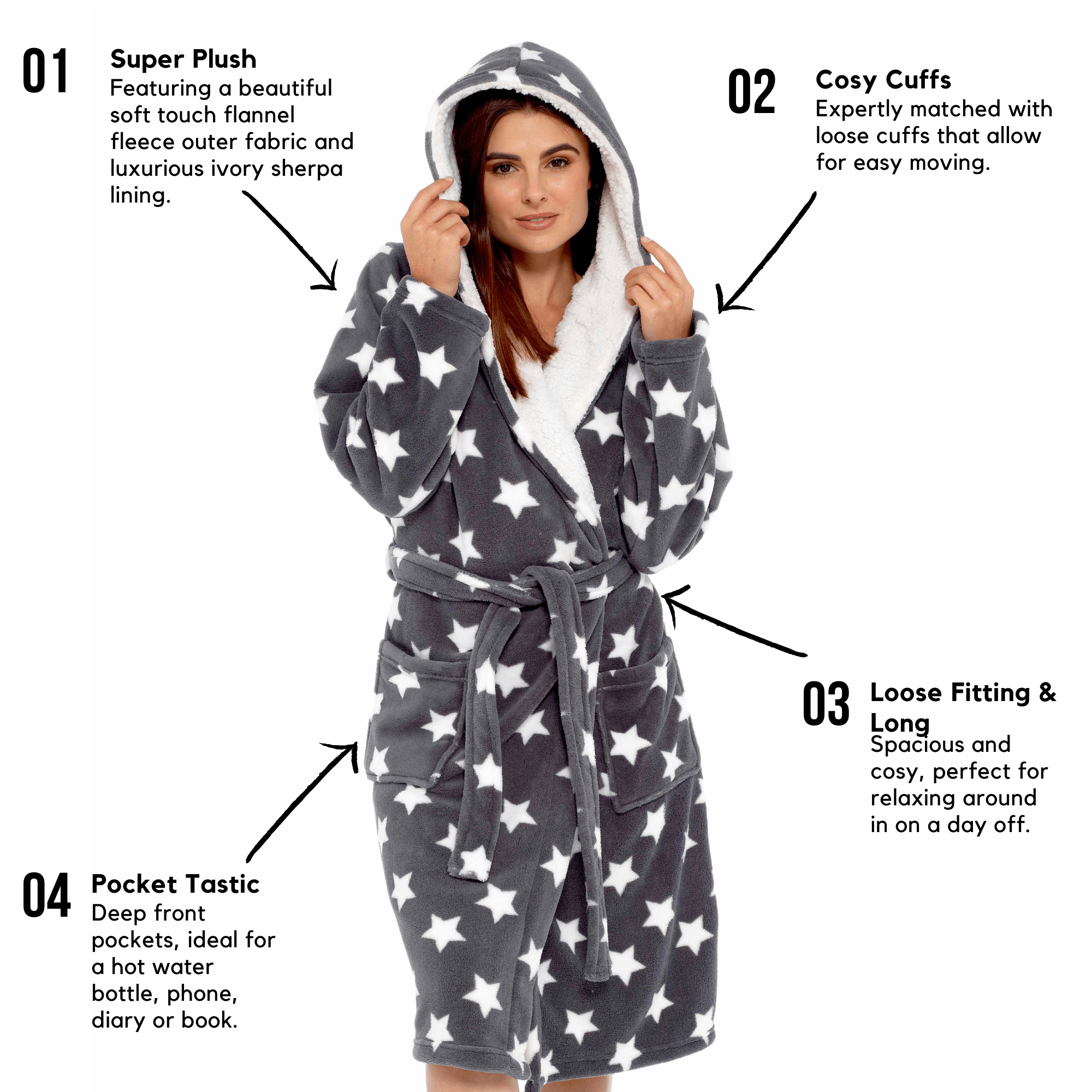 Women's Star Grey Hooded Plush Fleece Robe with Ultra Soft Sherpa Fur Lining and Stylish Star Pattern