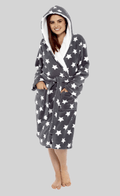 Women's Star Grey Hooded Plush Fleece Robe with Ultra Soft Sherpa Fur Lining and Stylish Star Pattern