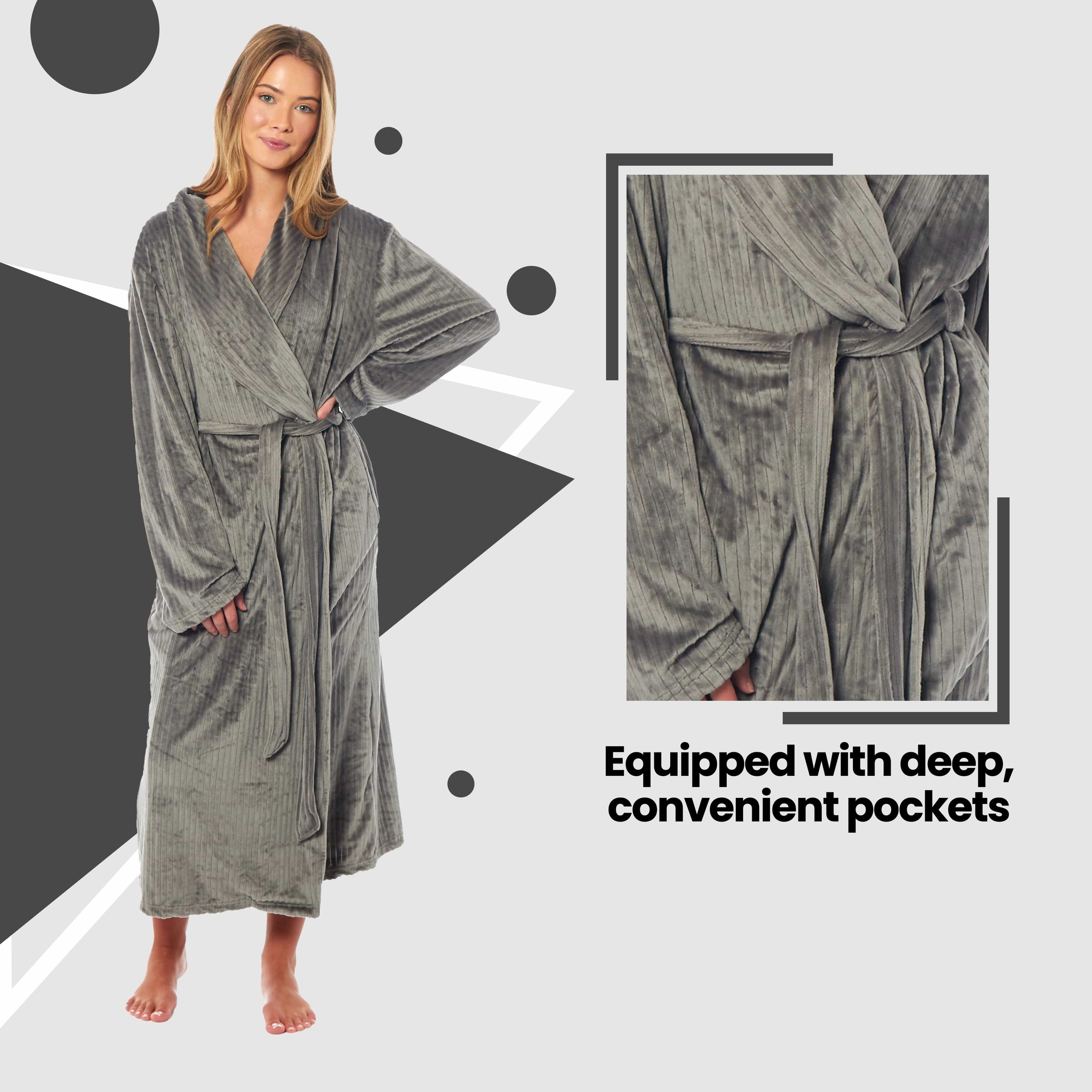 Women's Stripe Jacquard Soft Warm Long Dressing Gown with Belt and Pockets Cosy Shawl Collar Loungewear Robe