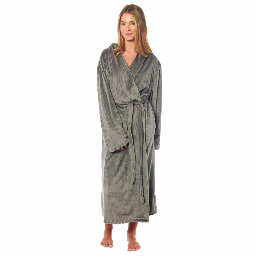 Womens charcoal long dressing gown with shawl collar, belt tie, and side pockets