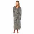 Womens charcoal long dressing gown with shawl collar, belt tie, and side pockets