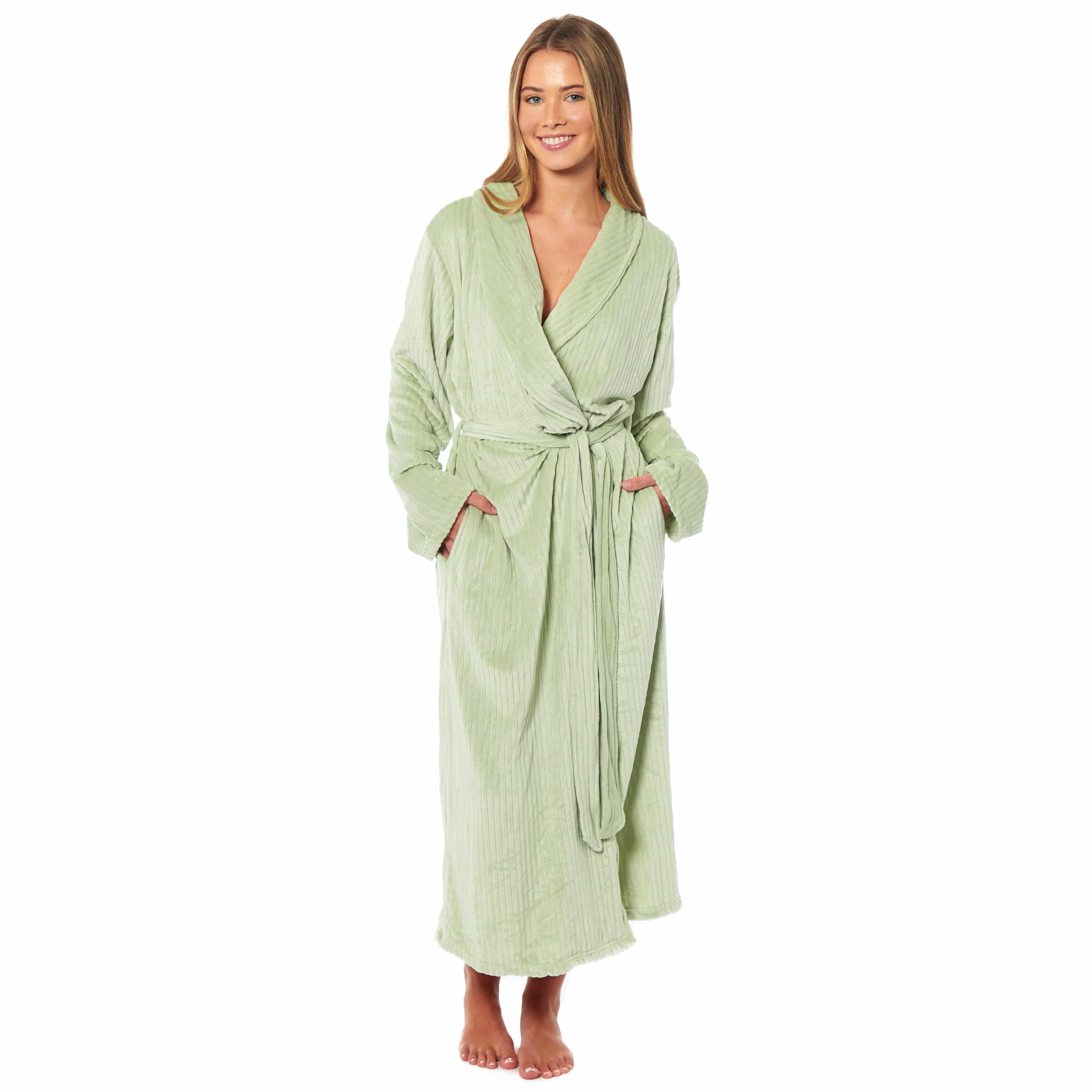 Women's Stripe Jacquard Soft Warm Long Dressing Gown with Belt and Pockets Cosy Shawl Collar Loungewear Robe