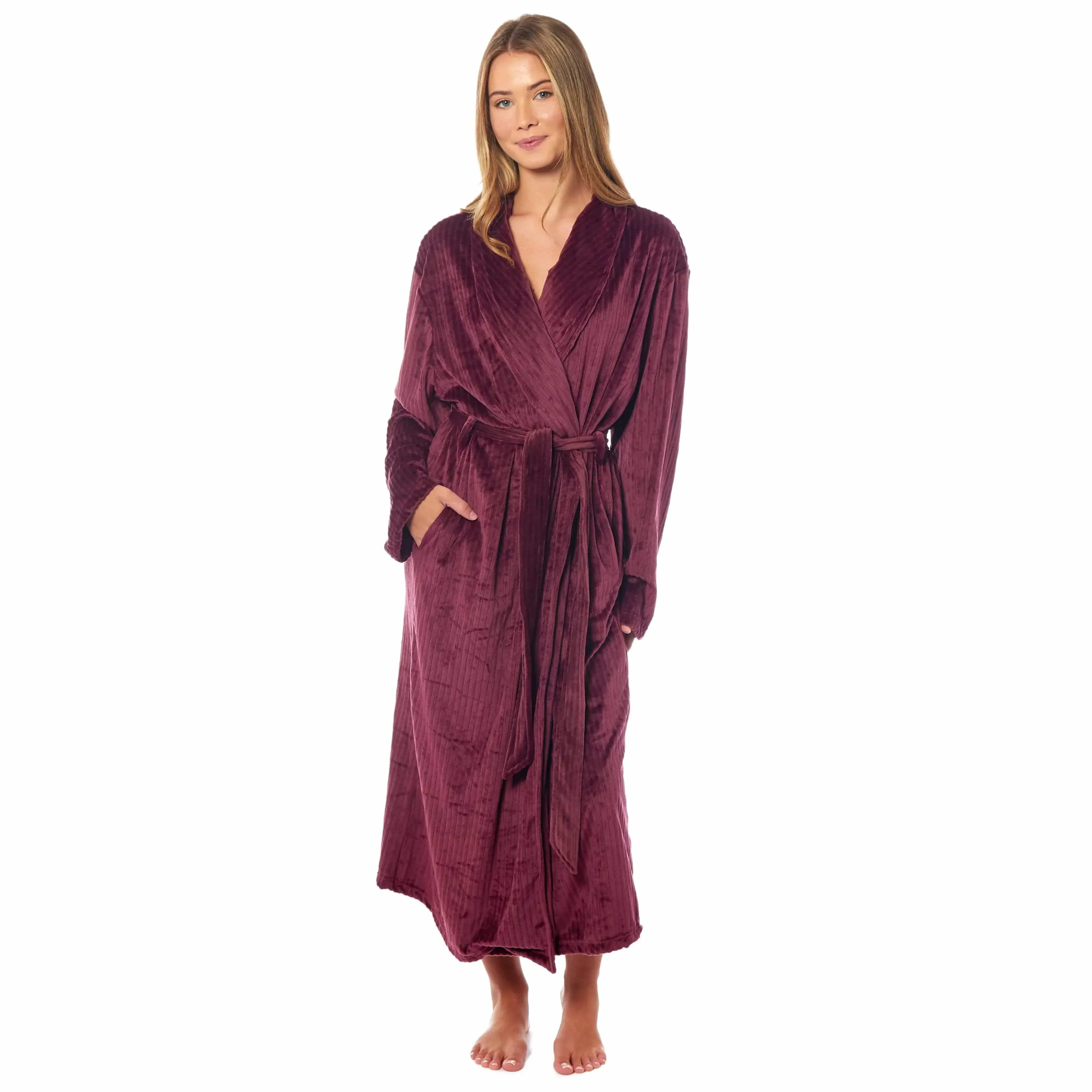 Women's Stripe Jacquard Soft Warm Long Dressing Gown with Belt and ...