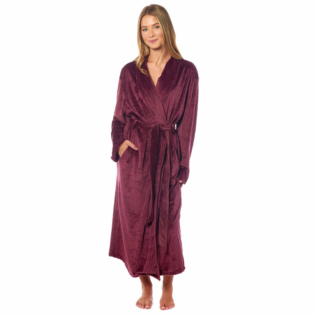 Women's Stripe Jacquard Soft Warm Long Dressing Gown with Belt and Pockets Cosy Shawl Collar Loungewear Robe