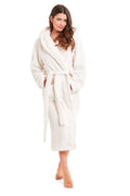 Women's Cream Snuggle Fleece Touch Hooded Robe Luxurious Soft Loungewear Cosy Durable Dressing Gown UK Sizes 8-22