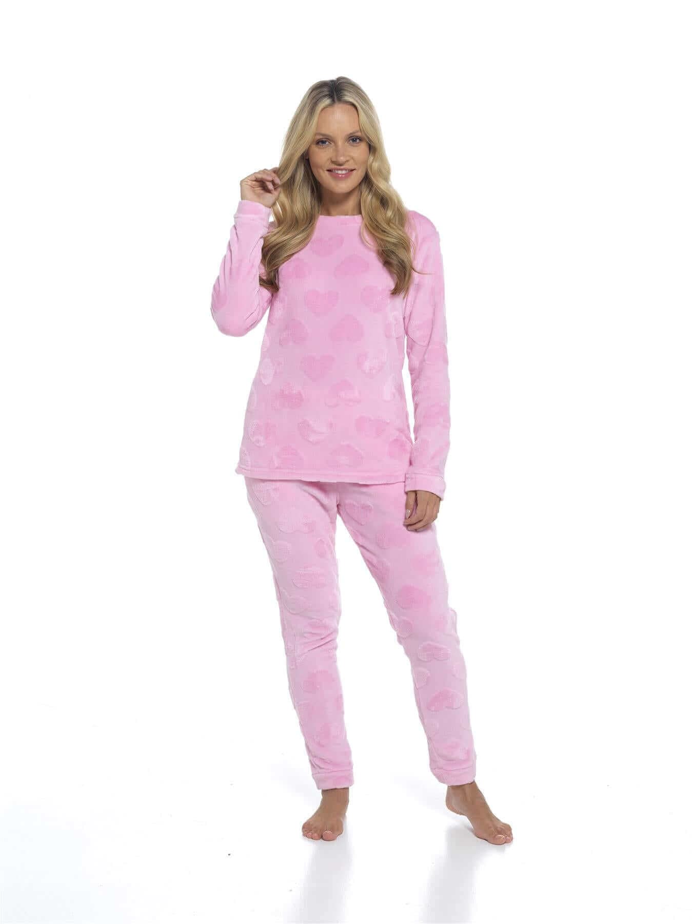 Women's Super Soft Heart Fleece Pyjamas Set Cozy Plush Loungewear Top and Pants Warm Teddy Fleece PJs for Lounging and Sleeping