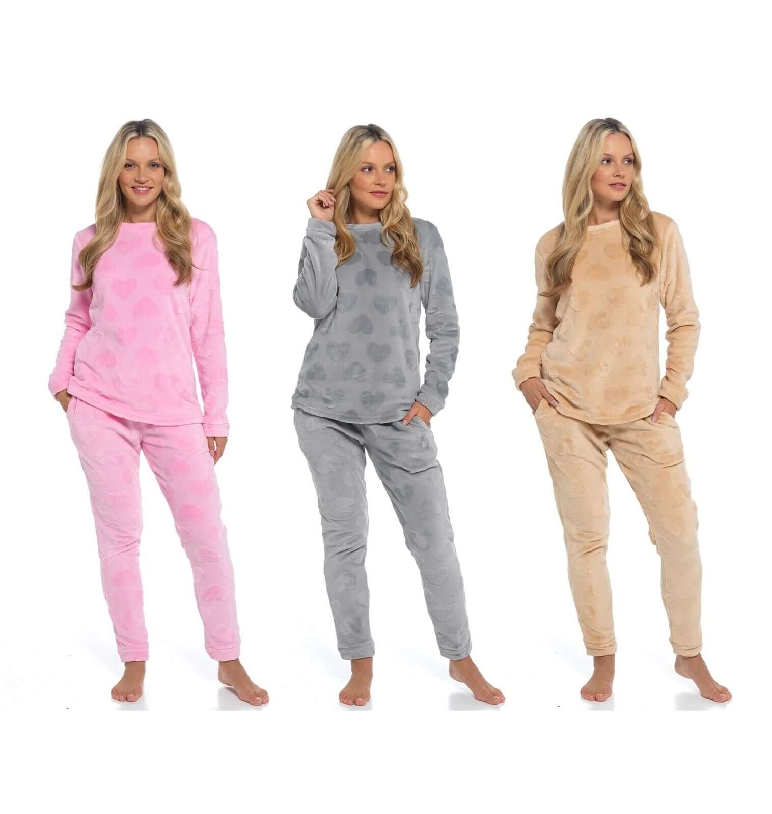 Women's Super Soft Heart Fleece Pyjamas Set Cozy Plush Loungewear Top and Pants Warm Teddy Fleece PJs for Lounging and Sleeping
