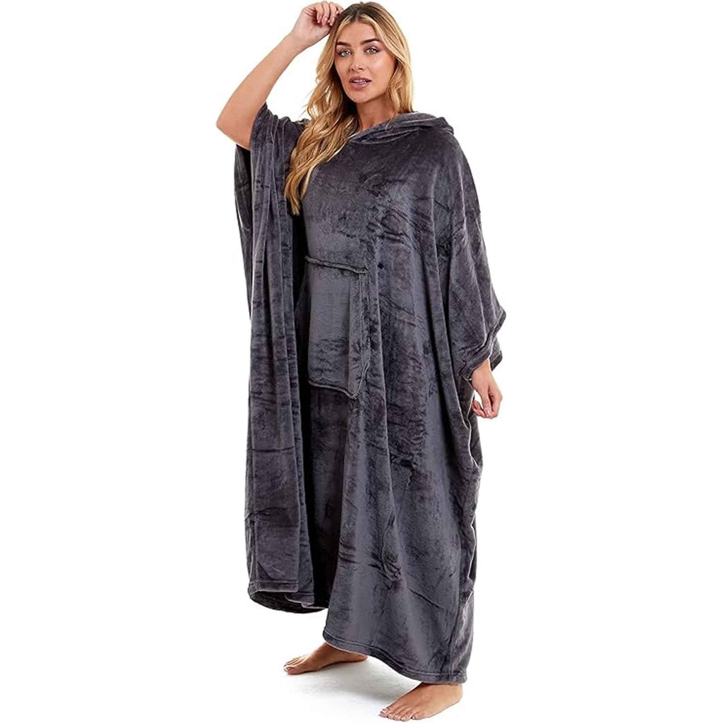 Women's Super Soft Oversized Hooded Poncho Blanket Navy Charcoal Flannel Fleece Cozy Loungewear Nightwear Warm Hoodie One Size Fits Most Adults