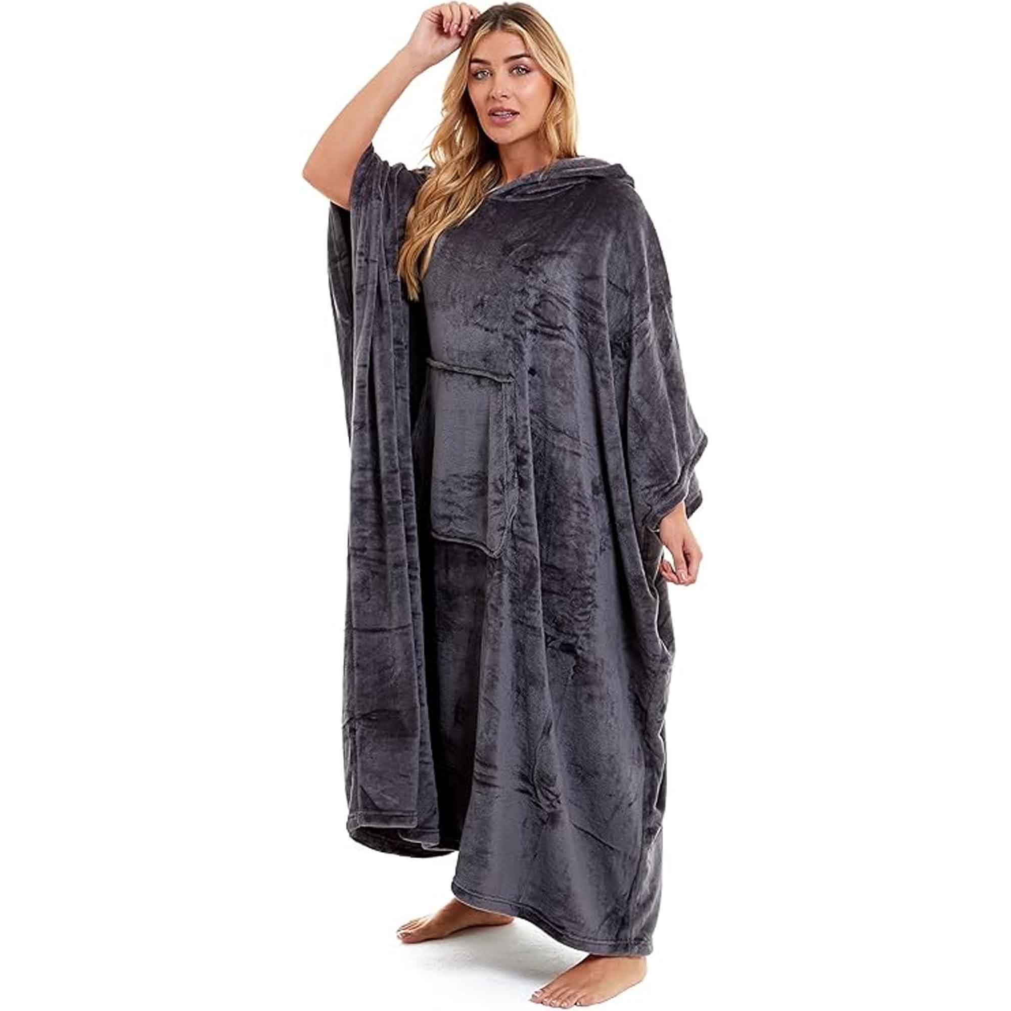 Women's Super Soft Oversized Hooded Poncho Blanket Navy Charcoal Flannel Fleece Cozy Loungewear Nightwear Warm Hoodie One Size Fits Most Adults