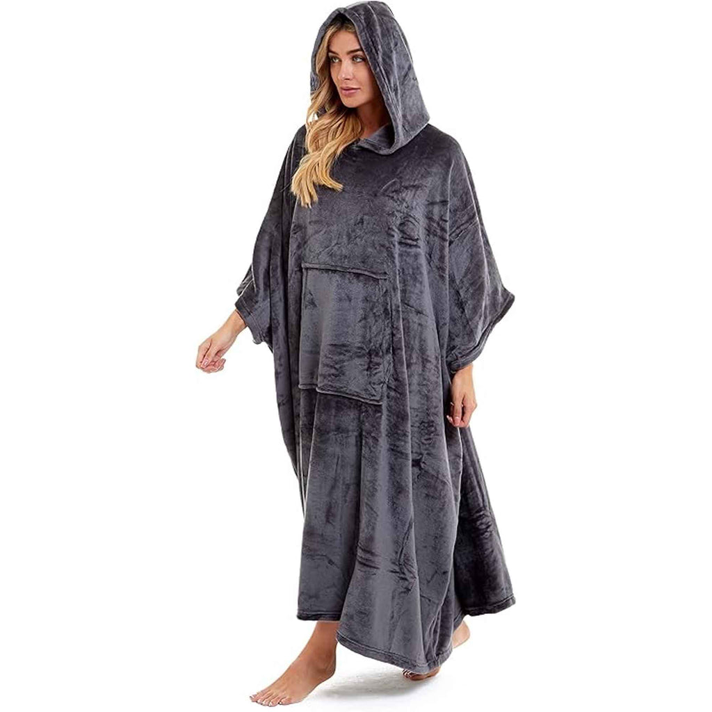 Women's Super Soft Oversized Hooded Poncho Blanket Navy Charcoal Flannel Fleece Cozy Loungewear Nightwear Warm Hoodie One Size Fits Most Adults