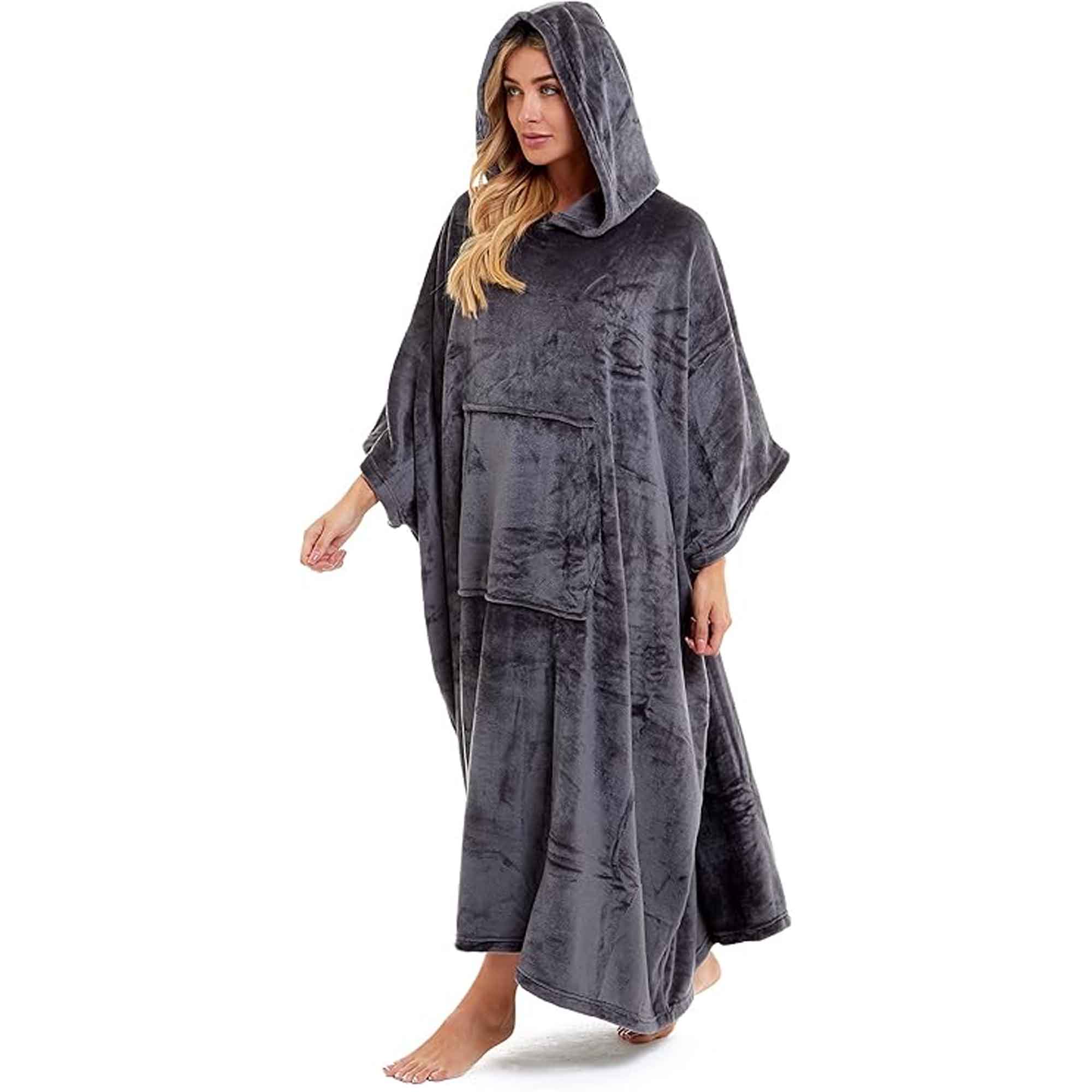 Women's Super Soft Oversized Hooded Poncho Blanket Navy Charcoal Flannel Fleece Cozy Loungewear Nightwear Warm Hoodie One Size Fits Most Adults