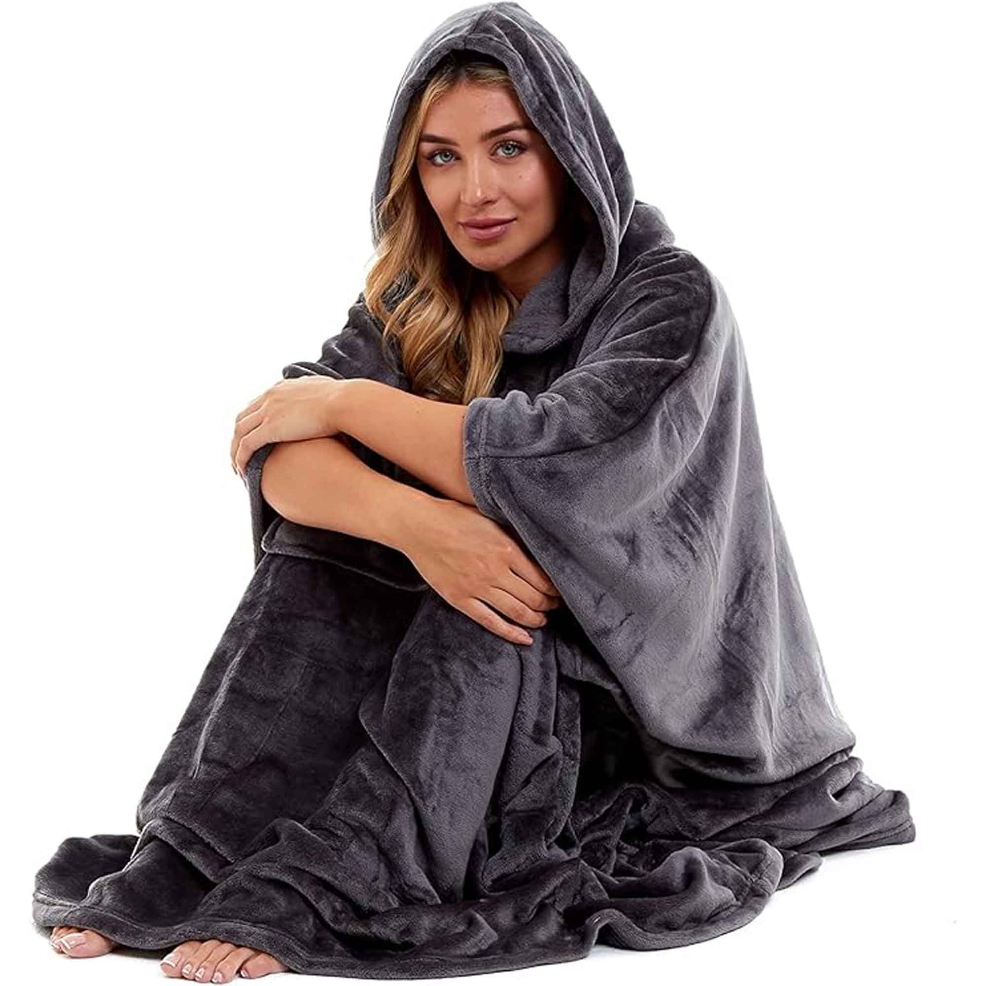 Women's Super Soft Oversized Hooded Poncho Blanket Navy Charcoal Flannel Fleece Cozy Loungewear Nightwear Warm Hoodie One Size Fits Most Adults