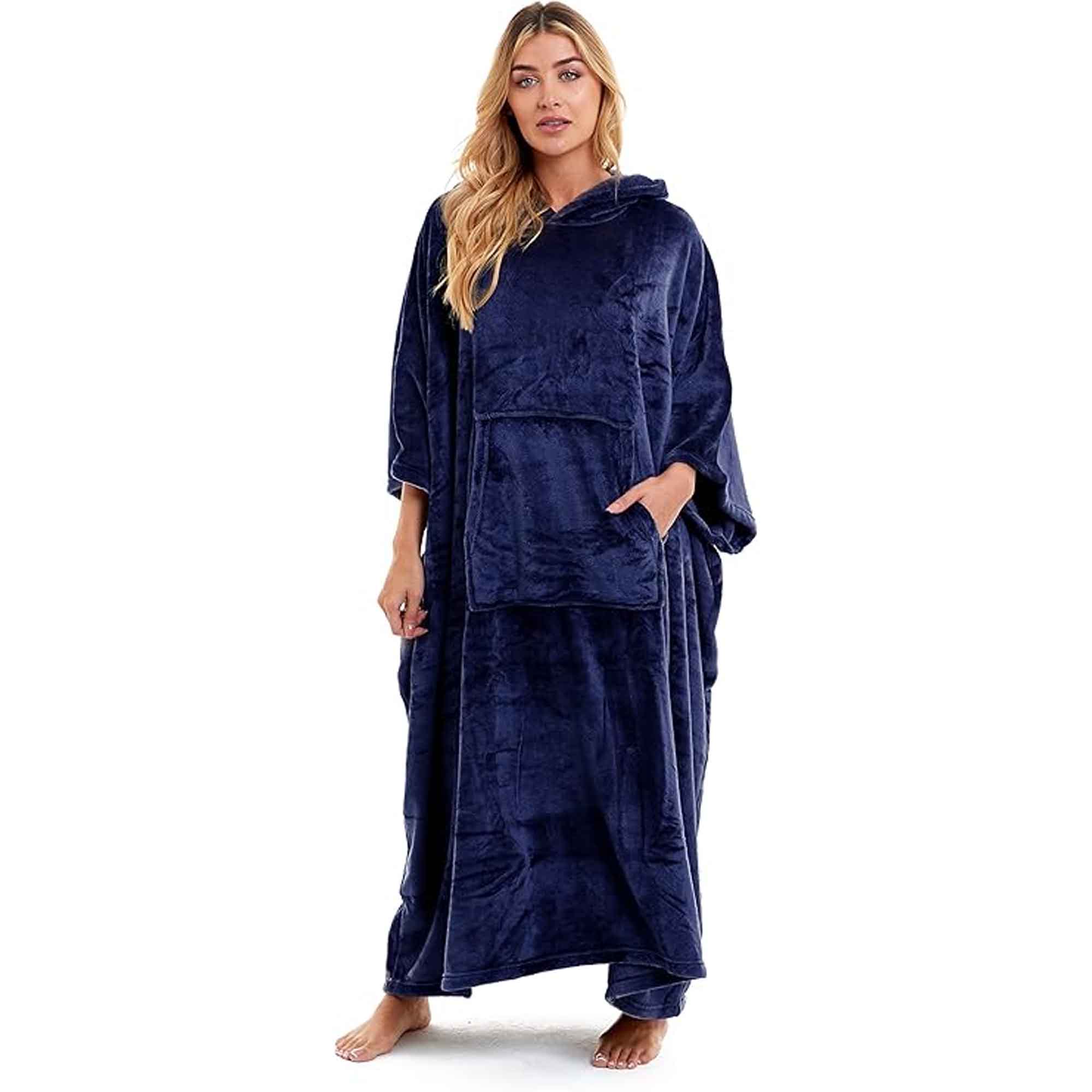 Women's Super Soft Oversized Hooded Poncho Blanket Navy Charcoal Flannel Fleece Cozy Loungewear Nightwear Warm Hoodie One Size Fits Most Adults