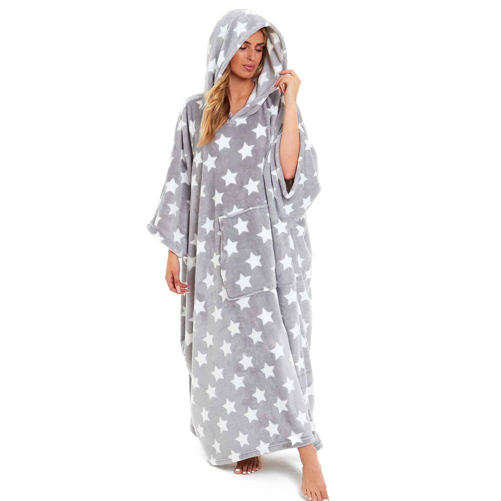Women's Super Soft Oversized Hooded Poncho Blanket with Stars & Polka Dot Design for Indoor & Outdoor Use