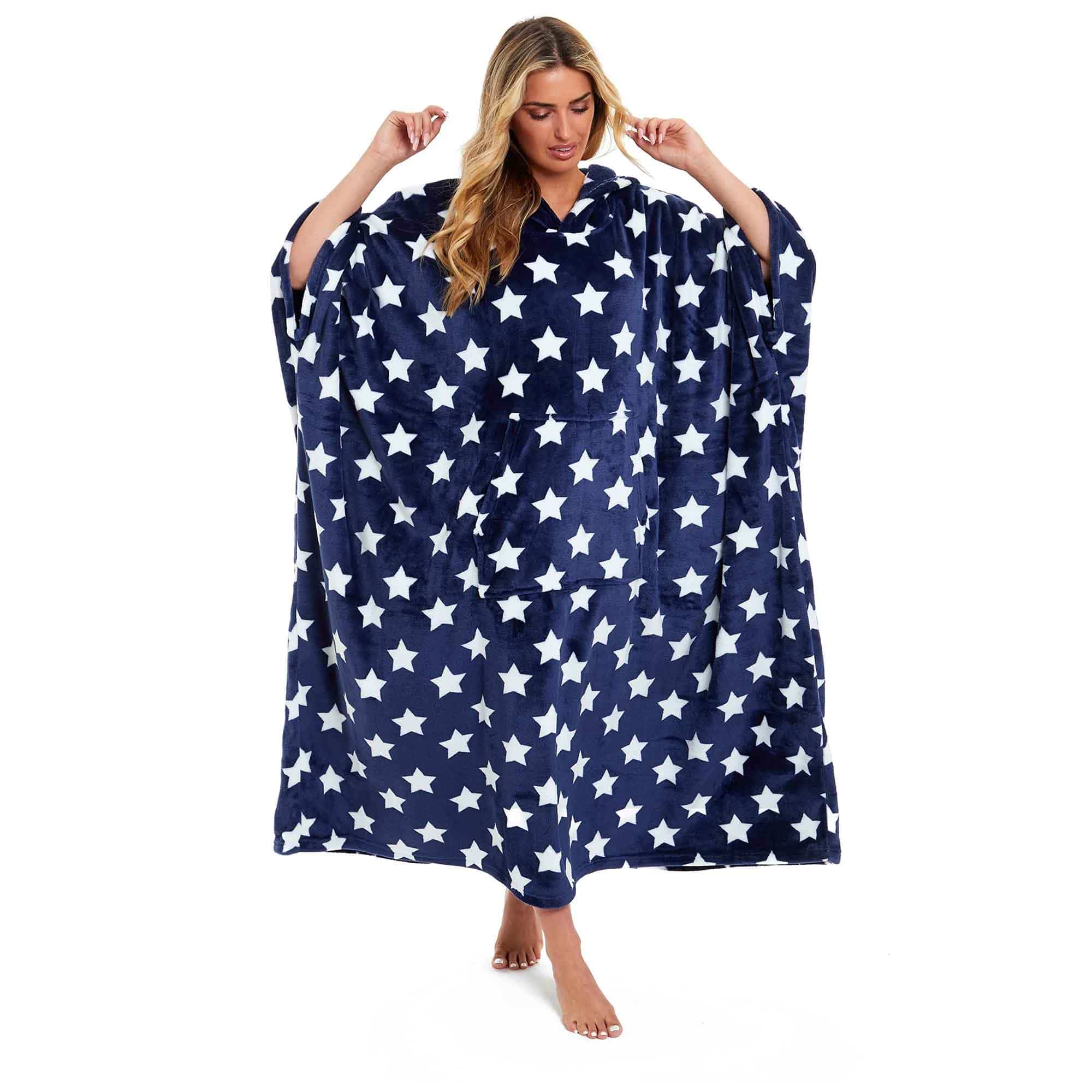 Women's Super Soft Oversized Hooded Poncho Blanket with Stars & Polka Dot Design for Indoor & Outdoor Use
