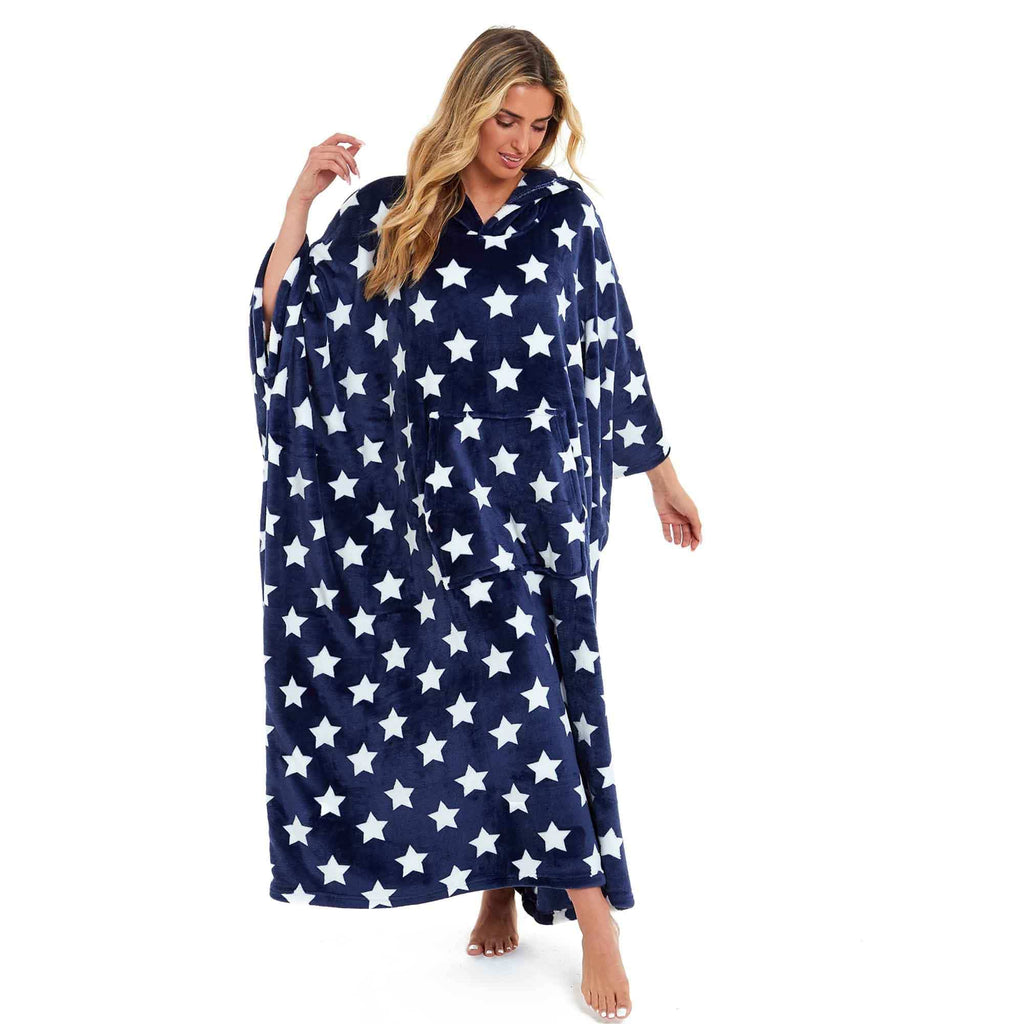 Women's Super Soft Oversized Hooded Poncho Blanket with Stars & Polka Dot Design for Indoor & Outdoor Use