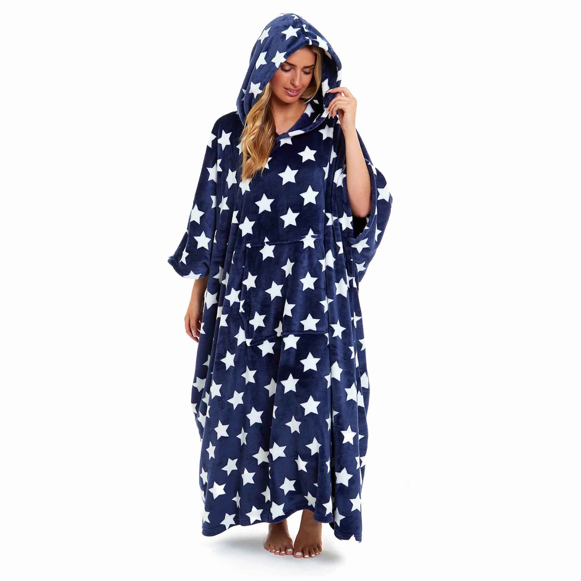 Women's Super Soft Oversized Hooded Poncho Blanket with Stars & Polka Dot Design for Indoor & Outdoor Use