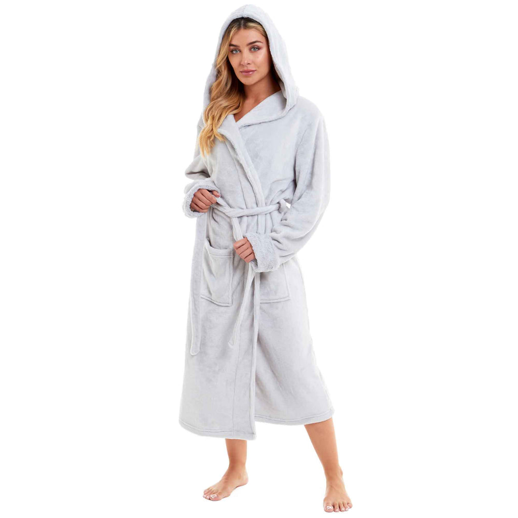Women's Super Soft Plush Fleece Faux Fur Hooded Robe Luxurious Loungewear Bathrobe for Spa Hotel Home Pink Grey Sizes S-XL