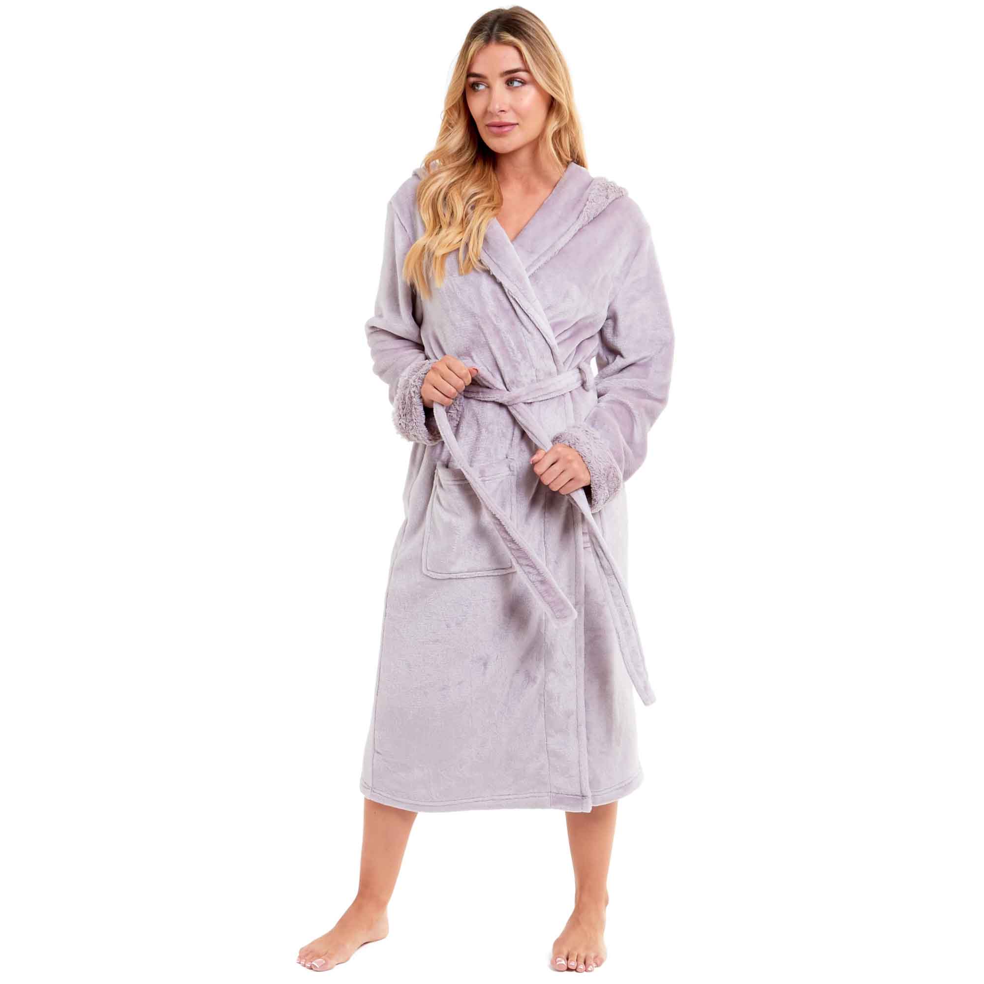 Women's Super Soft Plush Fleece Faux Fur Hooded Robe Luxurious Loungewear Bathrobe for Spa Hotel Home Pink Grey Sizes S-XL