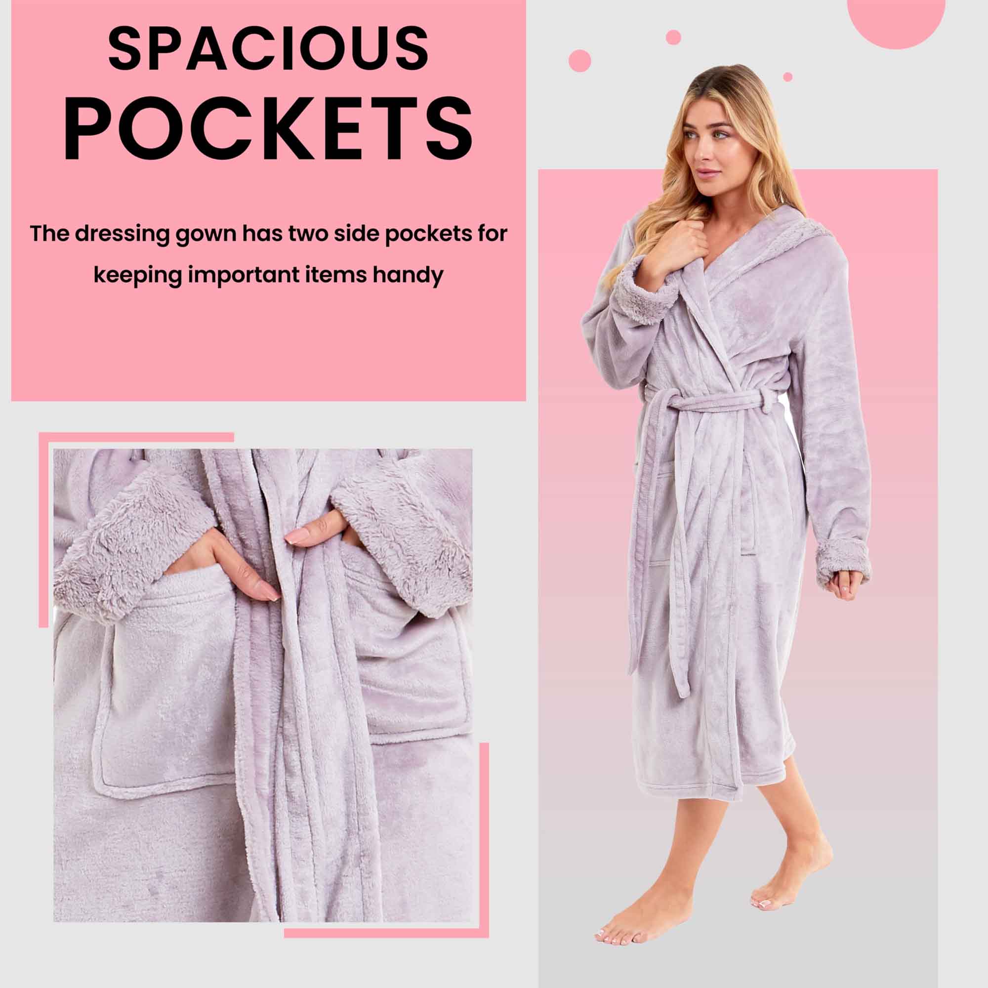 Women's Super Soft Plush Fleece Faux Fur Hooded Robe Luxurious Loungewear Bathrobe for Spa Hotel Home Pink Grey Sizes S-XL