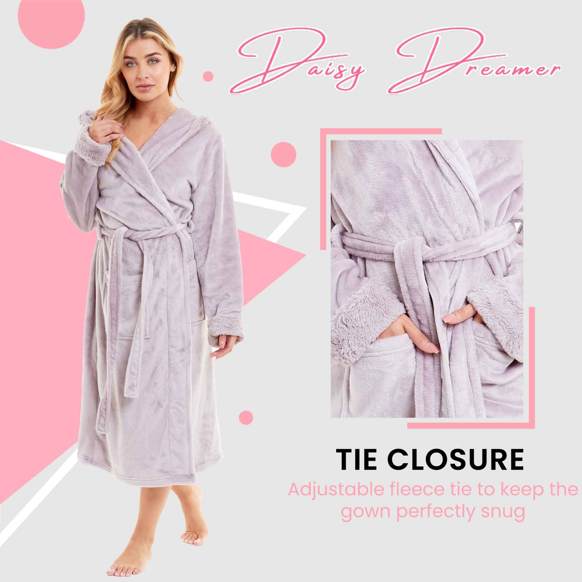 Women's Super Soft Plush Fleece Faux Fur Hooded Robe Luxurious Loungewear Bathrobe for Spa Hotel Home Pink Grey Sizes S-XL