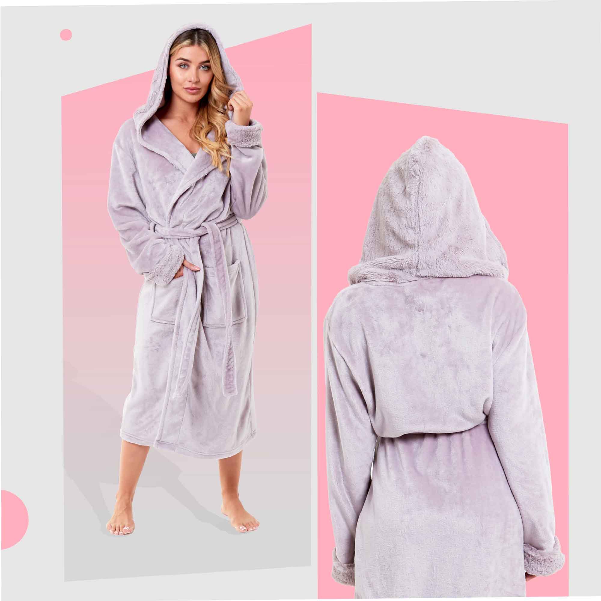 Women's Super Soft Plush Fleece Faux Fur Hooded Robe Luxurious Loungewear Bathrobe for Spa Hotel Home Pink Grey Sizes S-XL