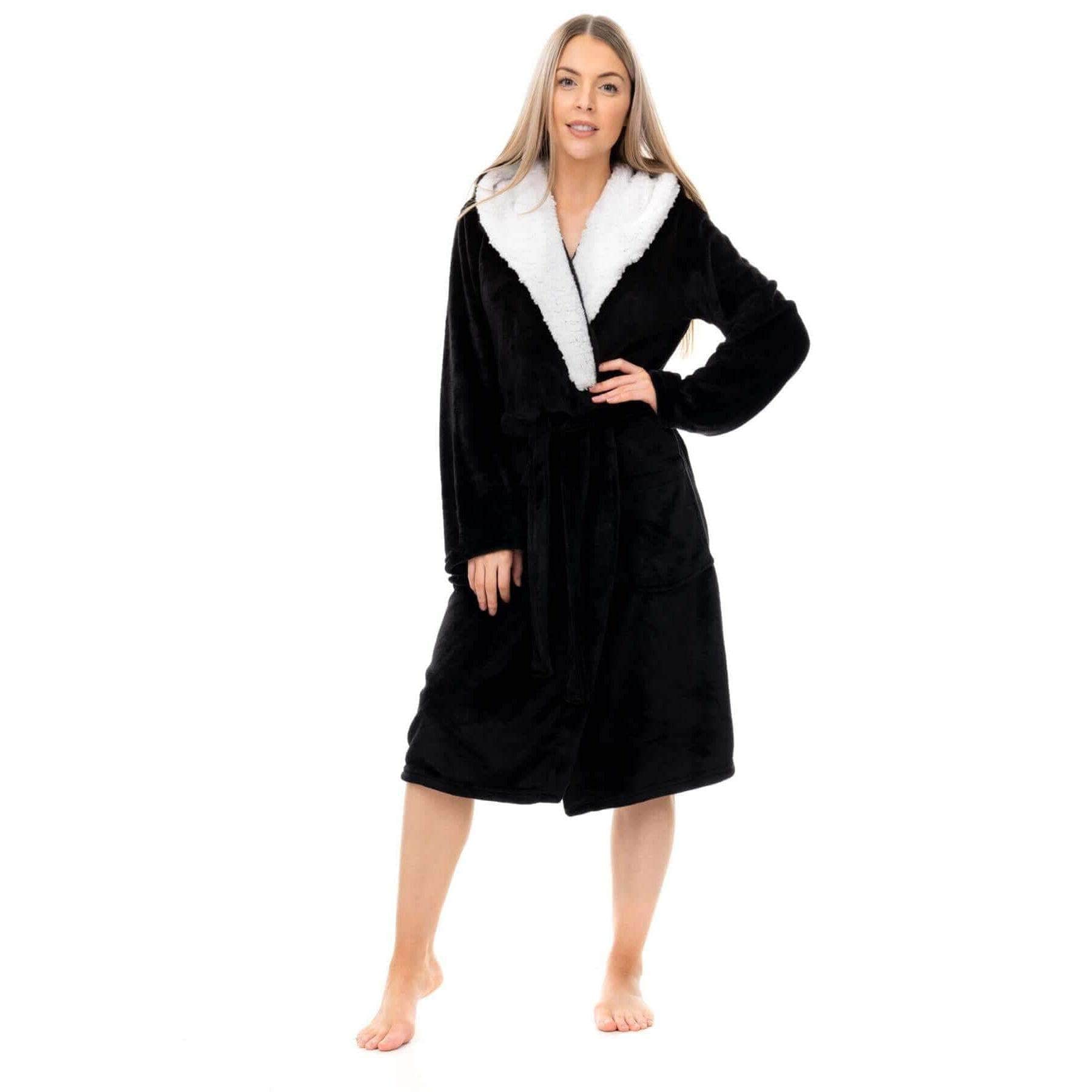 Women's Super Soft Plush Fleece Hooded Bathrobe Fluffy Velvet Loungewear Long Sleeve Cosy Winter Dressing Gown Spa Essential