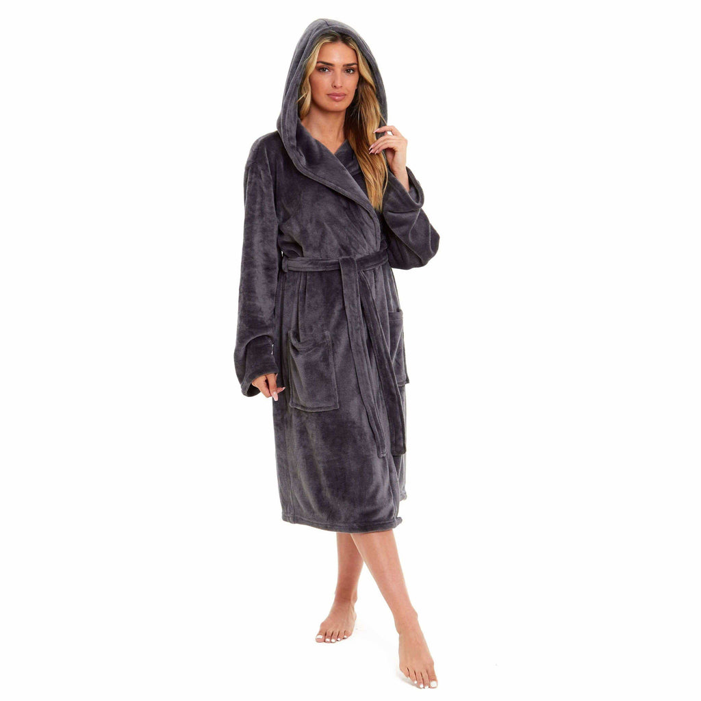 Women's Super Soft Plush Fleece Hooded Bathrobe Fluffy Velvet Loungewear Long Sleeve Cosy Winter Dressing Gown Spa Essential