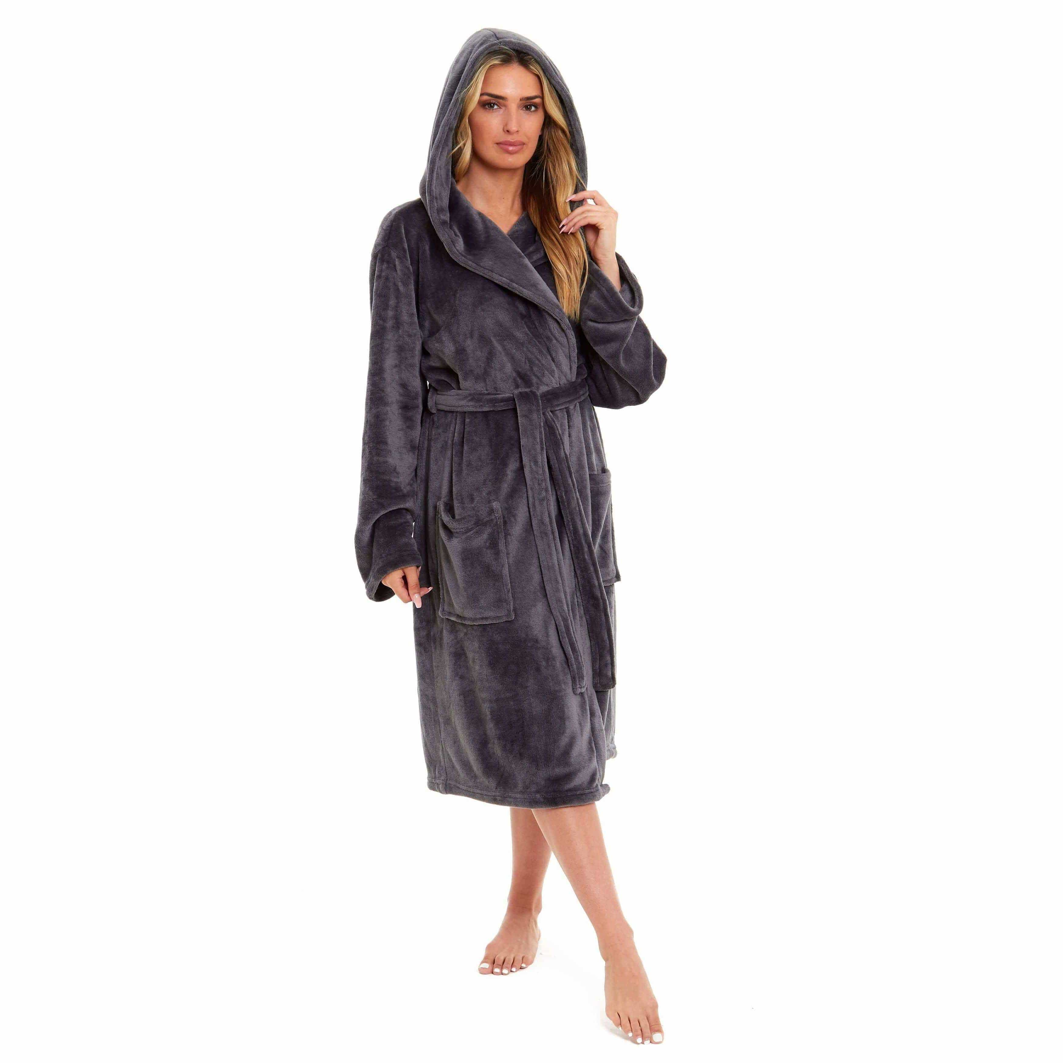 Women's Super Soft Plush Fleece Hooded Bathrobe Fluffy Velvet Loungewear Long Sleeve Cosy Winter Dressing Gown Spa Essential