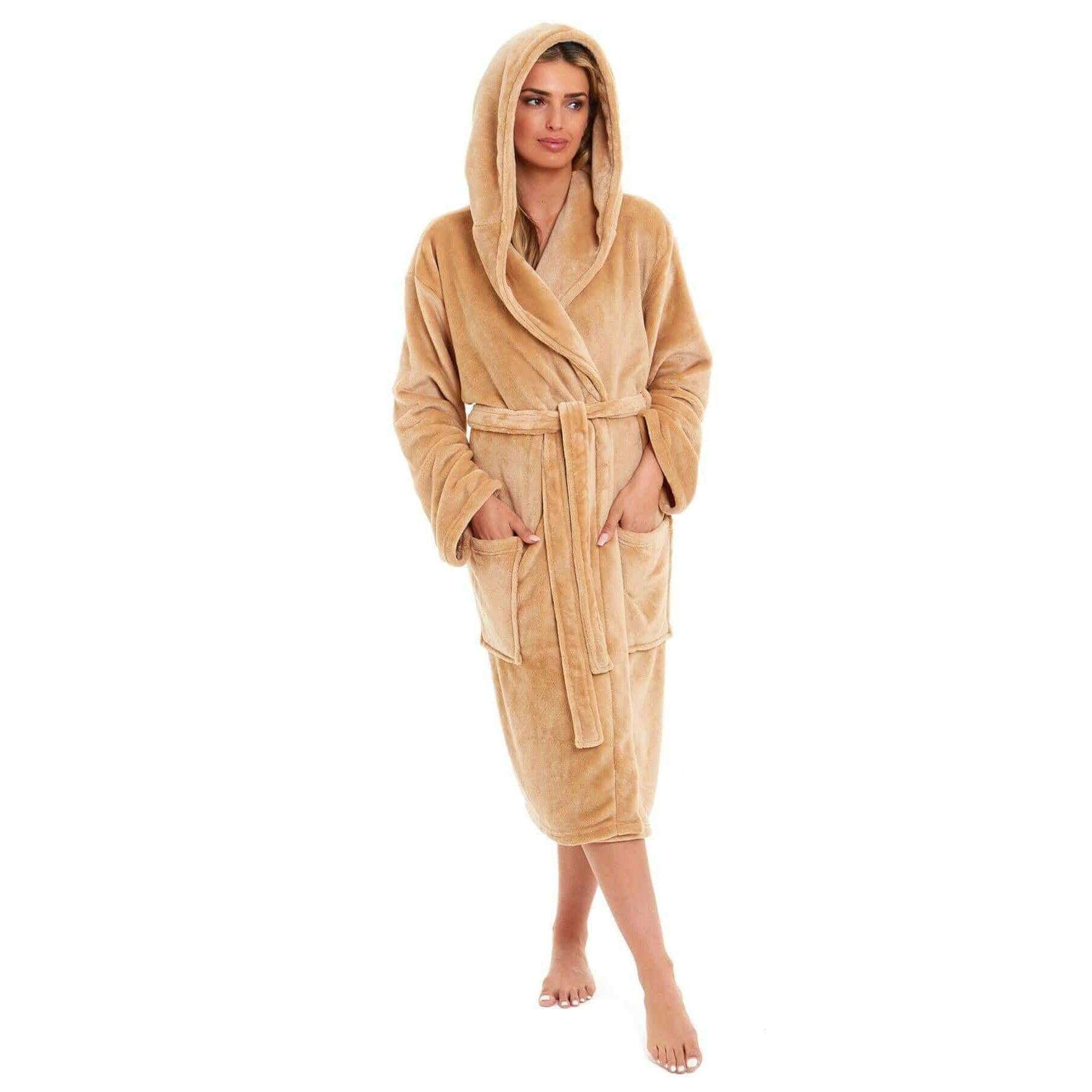 Women's Super Soft Plush Fleece Hooded Bathrobe Fluffy Velvet Loungewear Long Sleeve Cosy Winter Dressing Gown Spa Essential