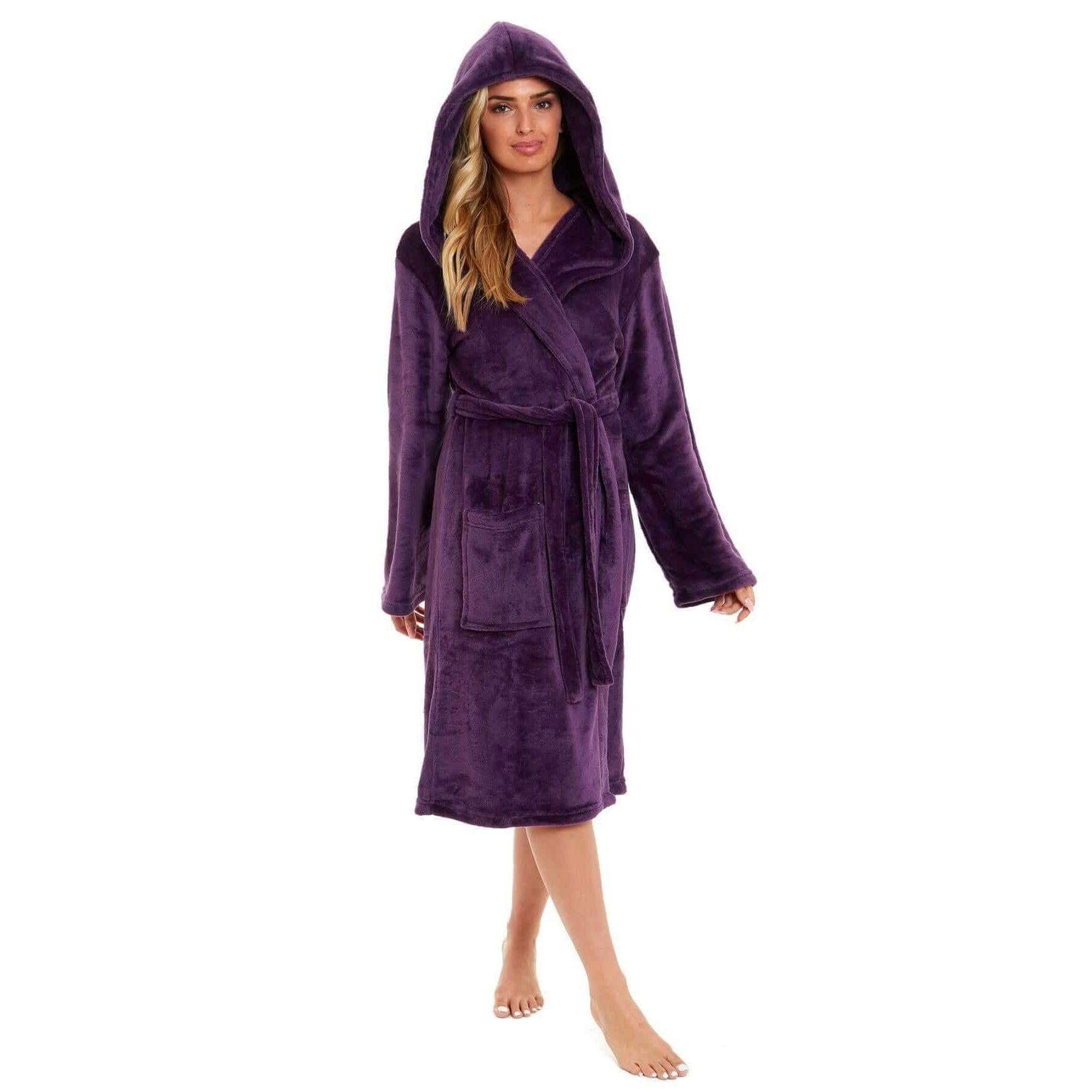 Women's Super Soft Plush Fleece Hooded Bathrobe Fluffy Velvet Loungewear Long Sleeve Cosy Winter Dressing Gown Spa Essential