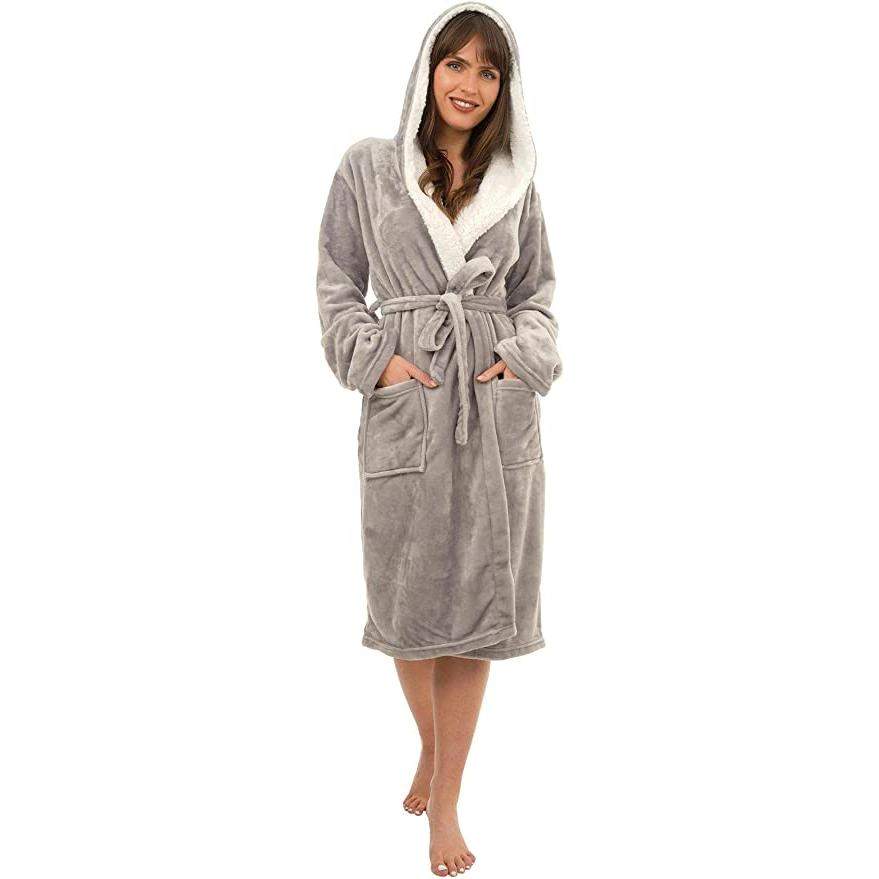 Women's Super Soft Plush Fleece Hooded Bathrobe Fluffy Velvet Loungewear Long Sleeve Cosy Winter Dressing Gown Spa Essential