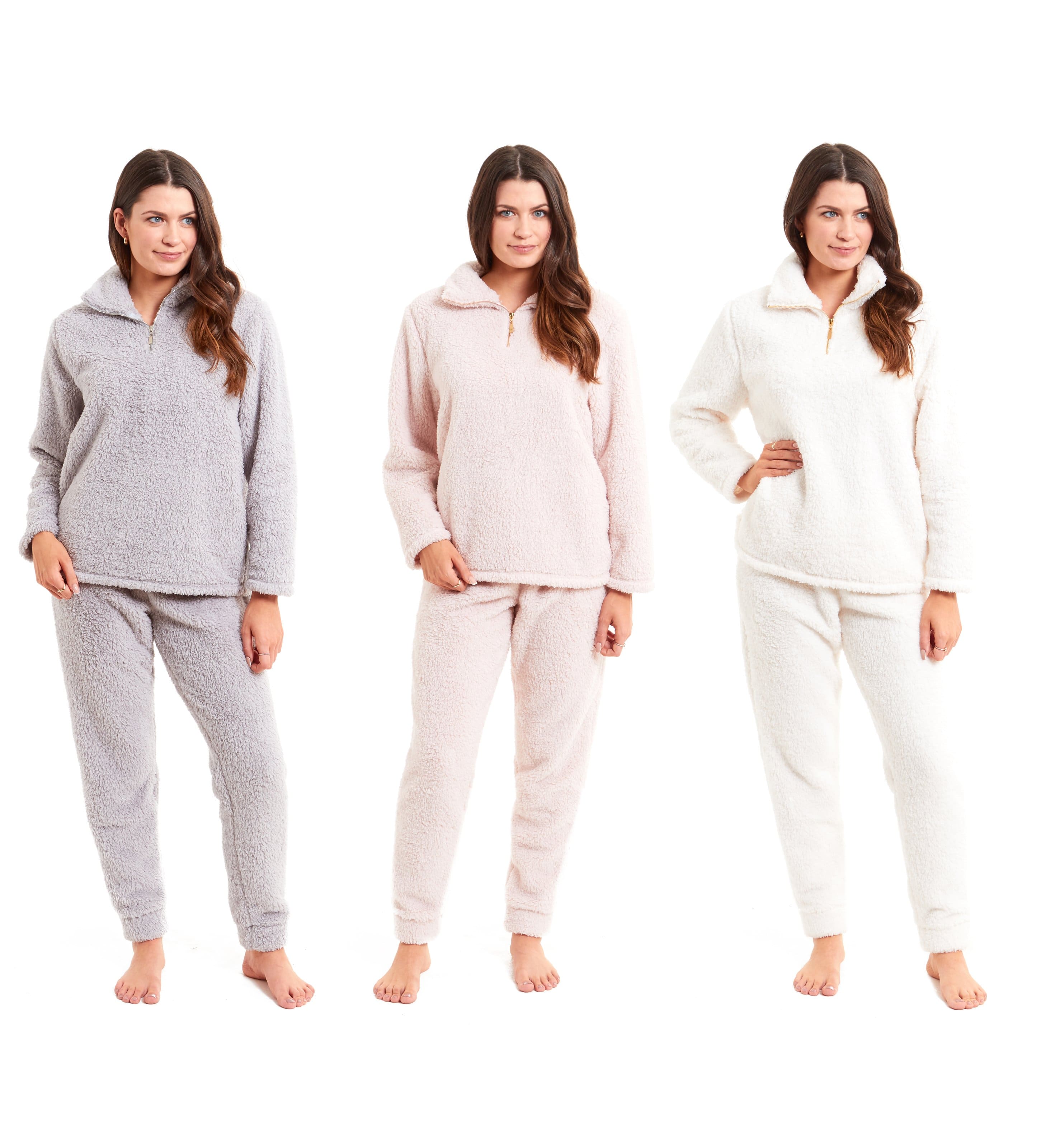 Women's Super Soft Teddy Fleece Lounge Set Cosy Fluffy Zip-Up Pyjama with Elasticated Waistband Warm Nightwear