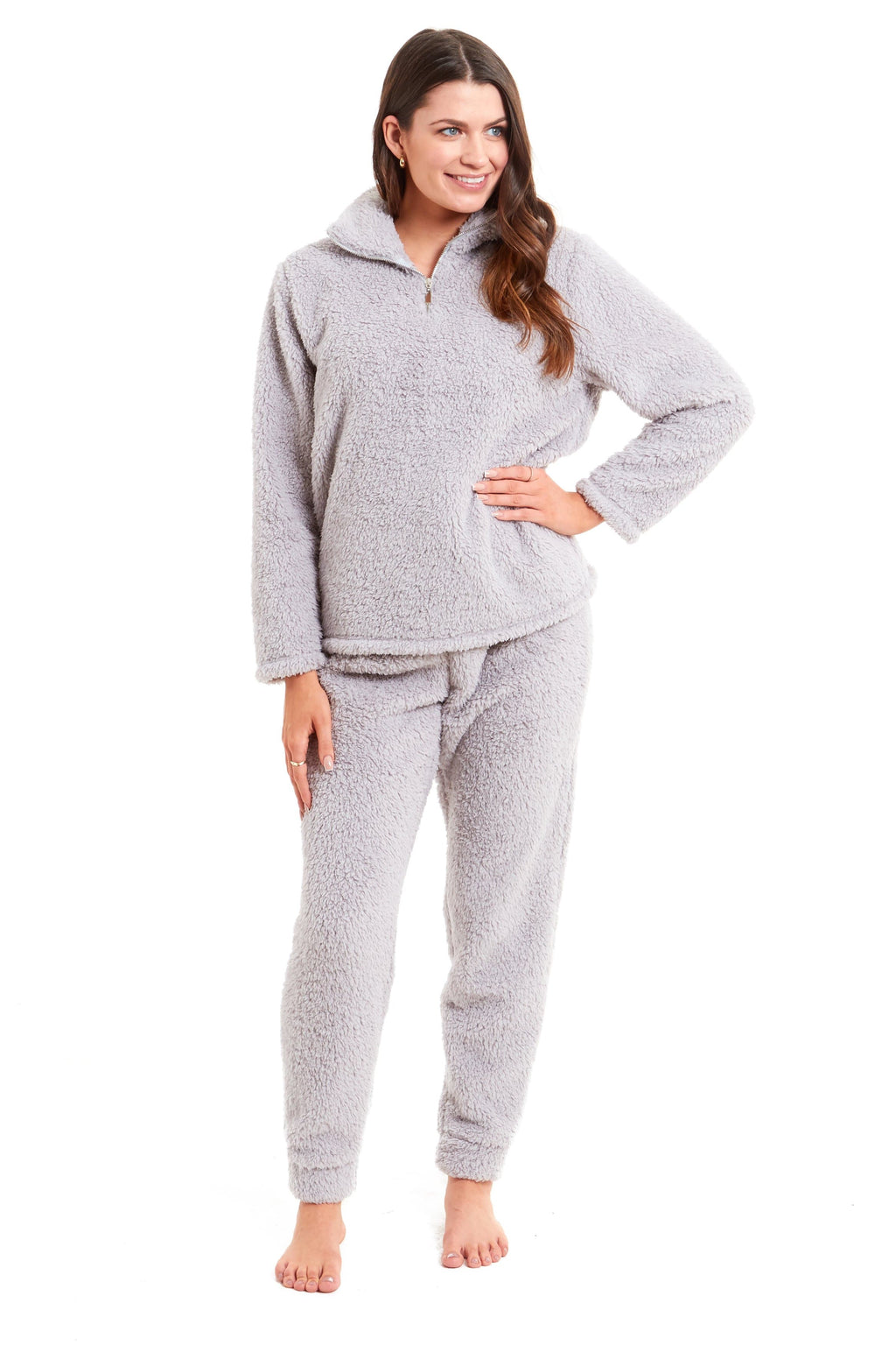 Women's Super Soft Teddy Fleece Lounge Set Cosy Fluffy Zip-Up Pyjama with Elasticated Waistband Warm Nightwear