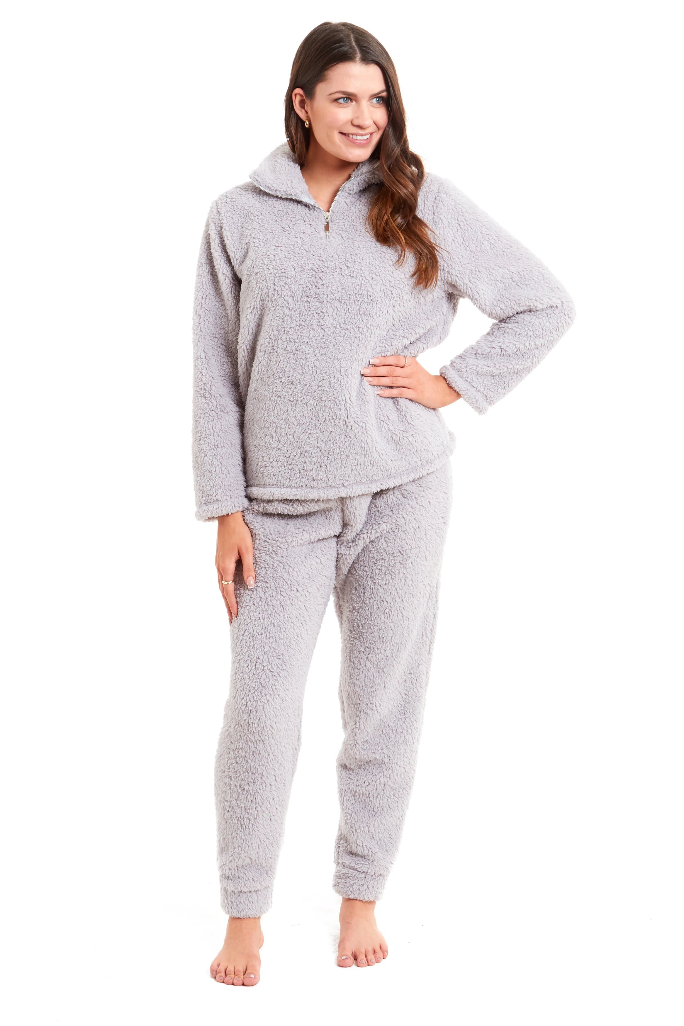 Women's Super Soft Teddy Fleece Lounge Set Cosy Fluffy Zip-Up Pyjama with Elasticated Waistband Warm Nightwear