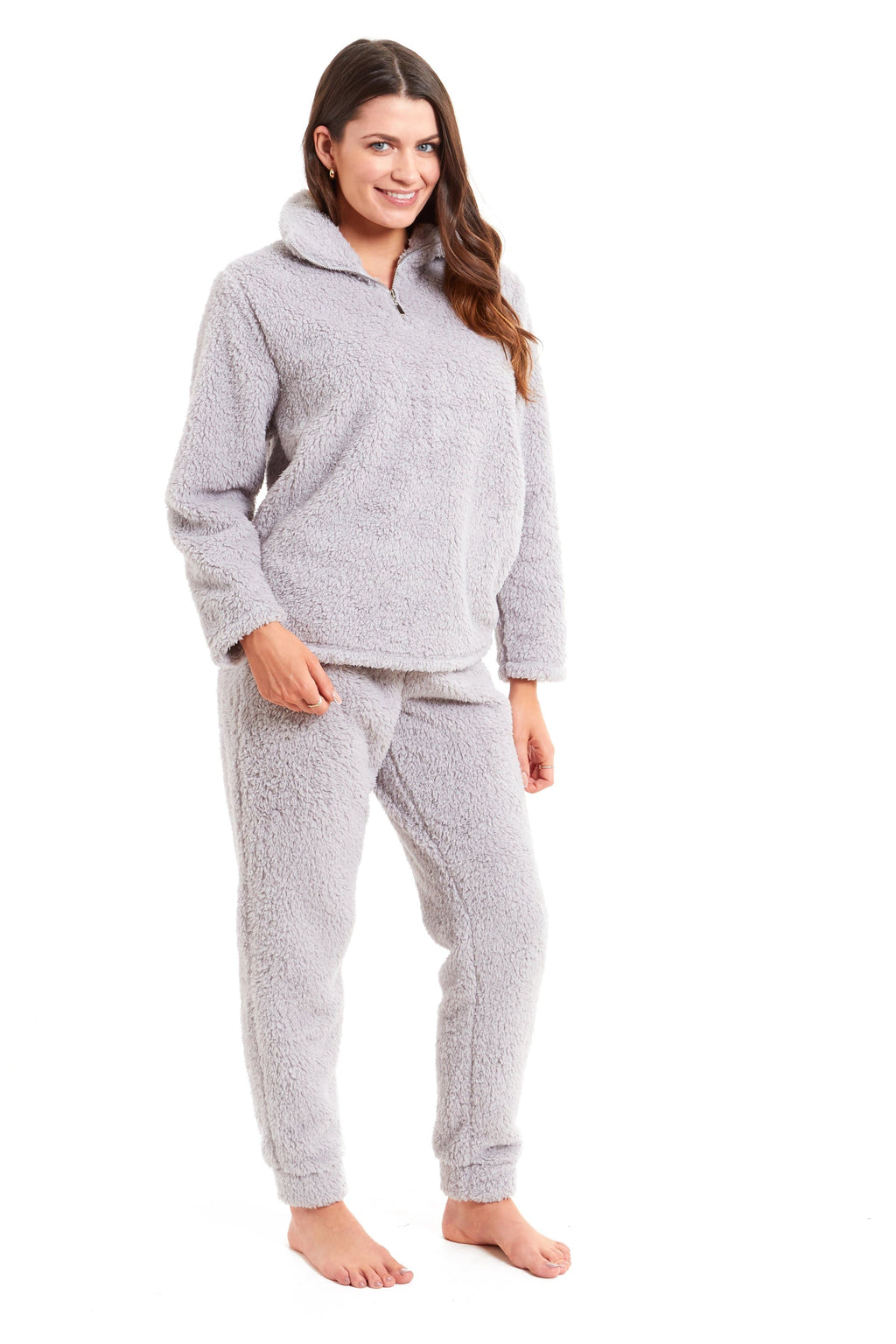 Women's Super Soft Teddy Fleece Lounge Set Cosy Fluffy Zip-Up Pyjama with Elasticated Waistband Warm Nightwear