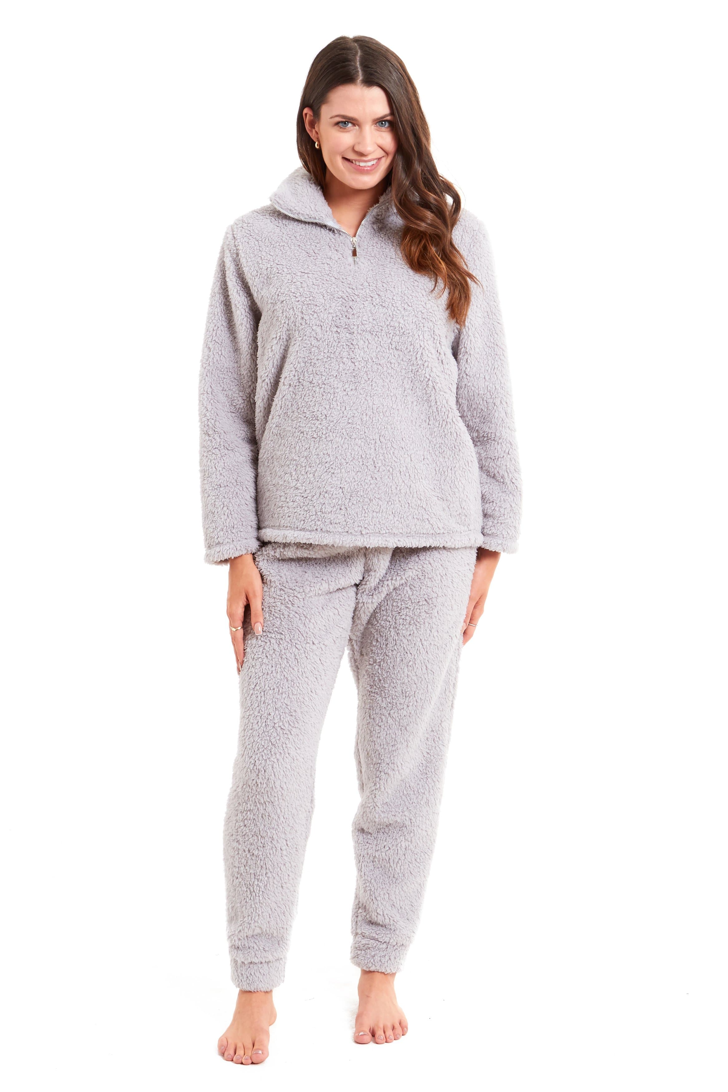Women's Super Soft Teddy Fleece Lounge Set Cosy Fluffy Zip-Up Pyjama with Elasticated Waistband Warm Nightwear