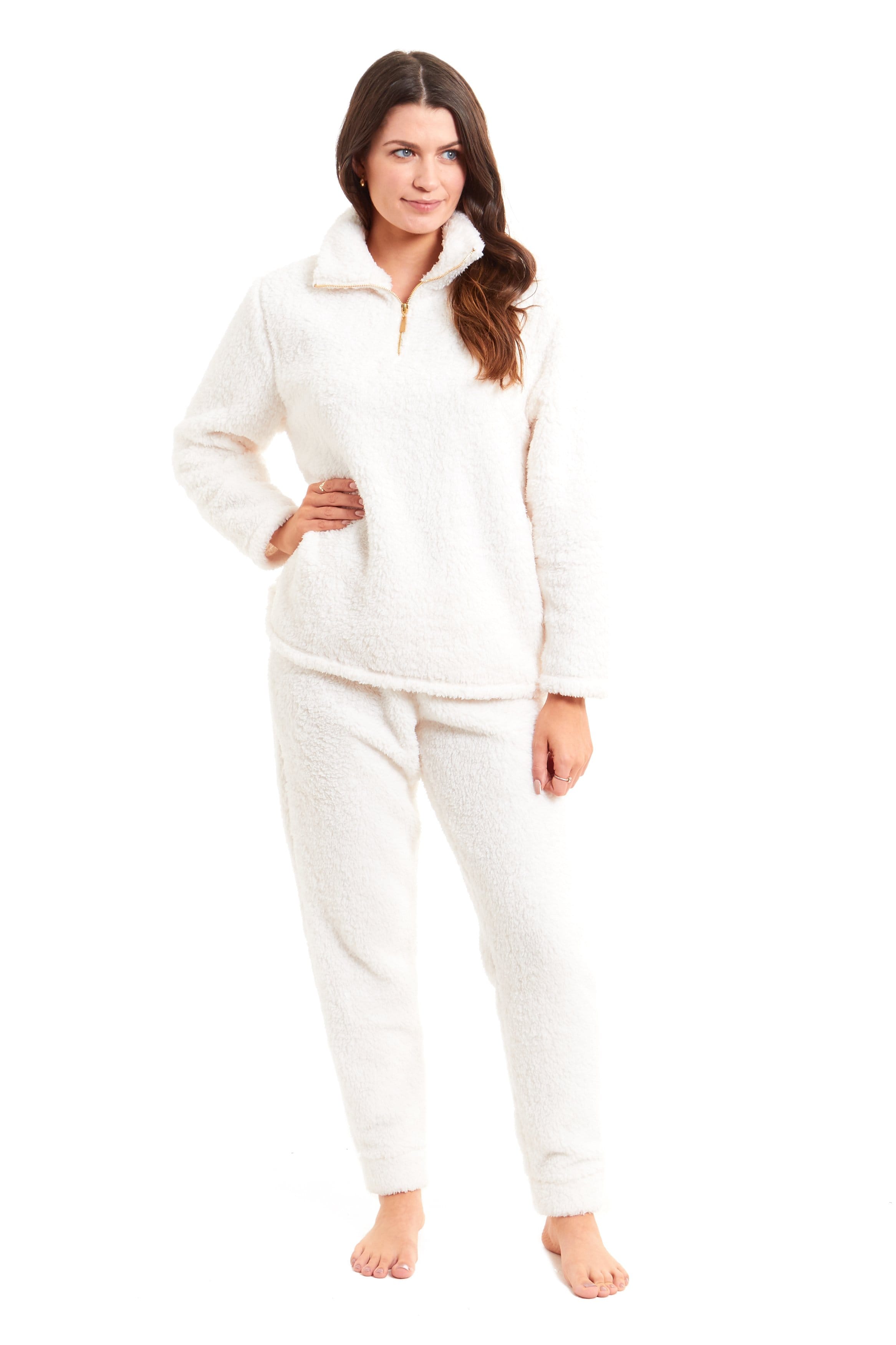 Women's Super Soft Teddy Fleece Lounge Set Cosy Fluffy Zip-Up Pyjama with Elasticated Waistband Warm Nightwear