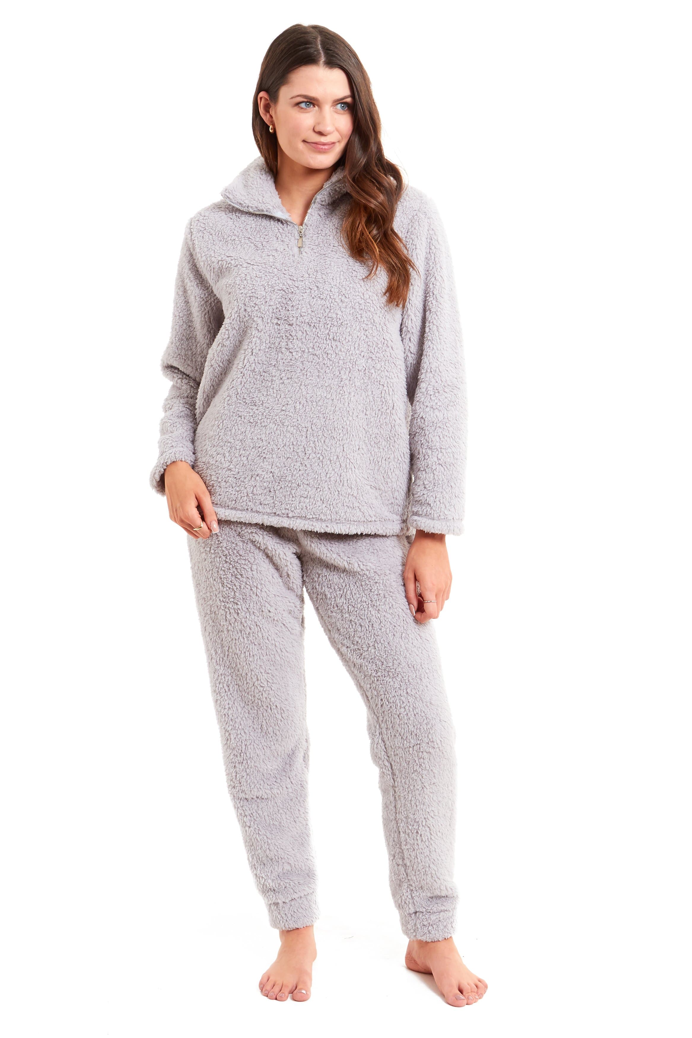 Women's Super Soft Teddy Fleece Lounge Set Cosy Fluffy Zip-Up Pyjama with Elasticated Waistband Warm Nightwear