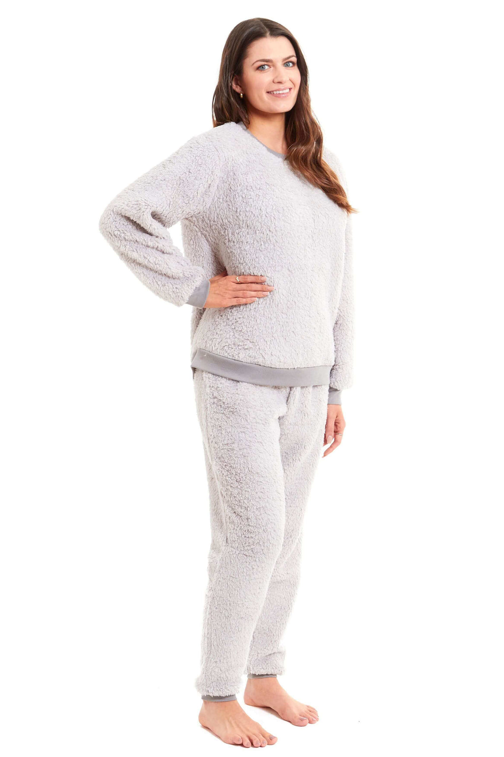 Women's Super Soft Teddy Fleece Lounge Set Fluffy Crew Neck Pyjama and Stretchable Loungewear in Grey Pink Ideal Nightwear Gift Available in S M L XL Sizes Daisy Dreamer